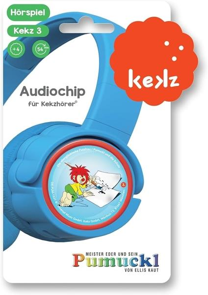 Blaues Kekz 3 Kopfhörer-Paket. Es zeigt eine Cartoonzeichnung eines Jungen, der zeichnet, und den Text Audiochip.