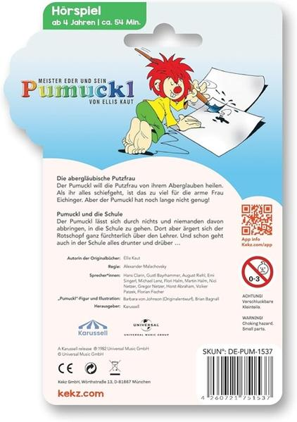 Eine Pumuckl-Hörspielverpackung. Sie zeigt eine Cartoon-Figur, die auf Papier zeichnet. Text enthält Titel, Alter und Details.