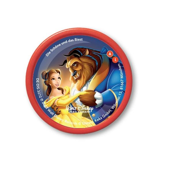 Rundes rotes Disney-Produkt. Belle und Biest tanzen. Text: „Die Schöne und das Biest“ und „Walt Disney Records“.