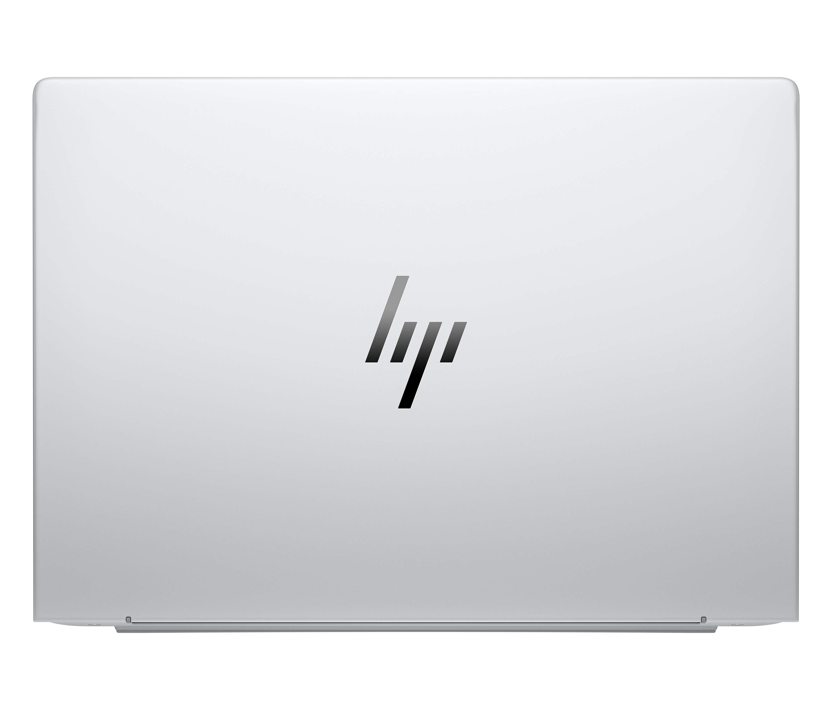 Die Rückseite eines silbernen Laptops mit dem HP-Logo in der Mitte.