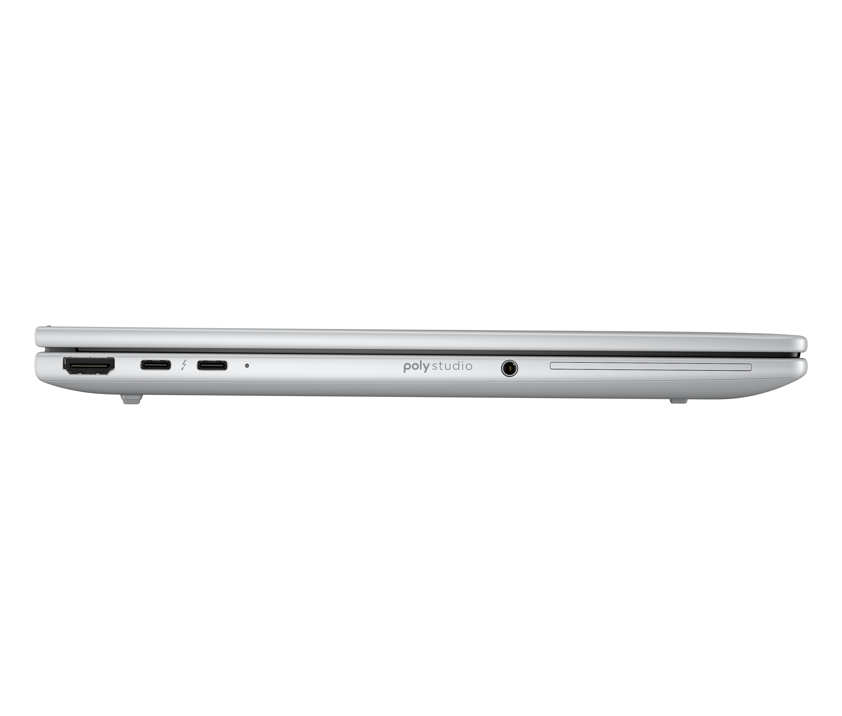 Silberne Laptop-Seitenansicht. Anschlüsse: HDMI, Thunderbolt und Audioanschluss. Die Marke 'poly studio' ist sichtbar.
