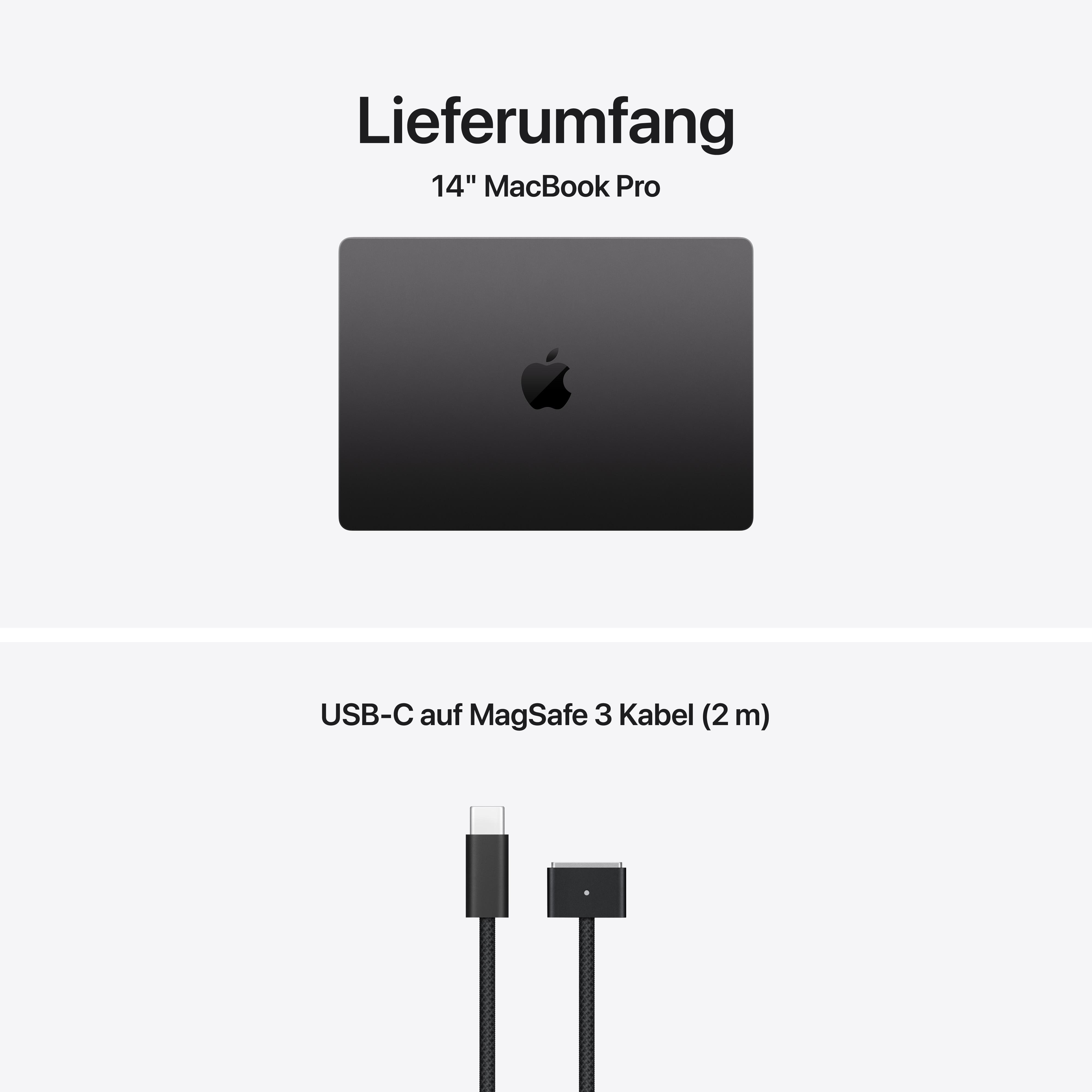 Das Bild zeigt ein MacBook Pro und ein USB-C-zu-MagSafe-3-Kabel. Der Laptop ist geschlossen, das Kabel ist schwarz.
