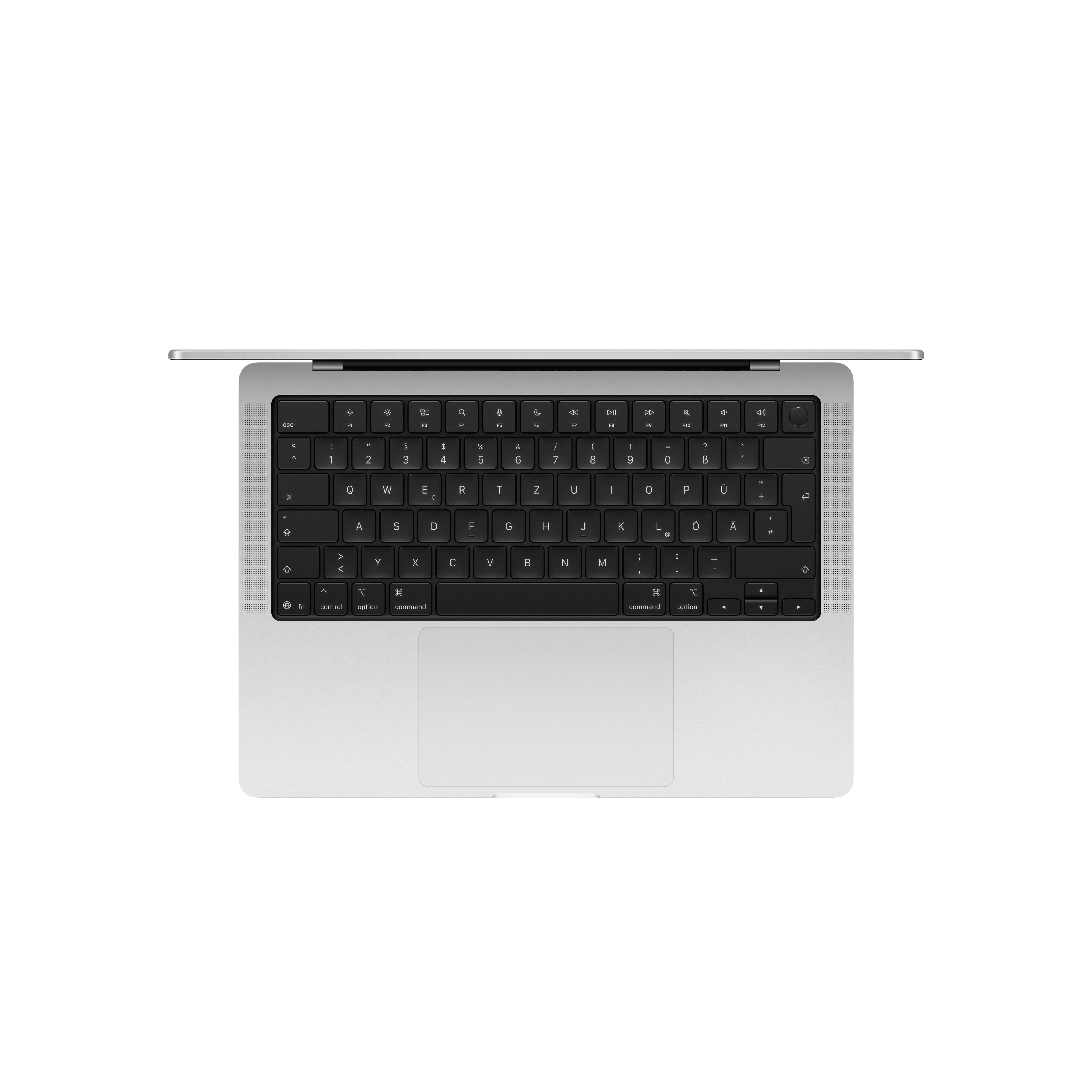 Draufsicht auf einen silbernen Laptop mit schwarzer Tastatur und Trackpad vor weißem Hintergrund.