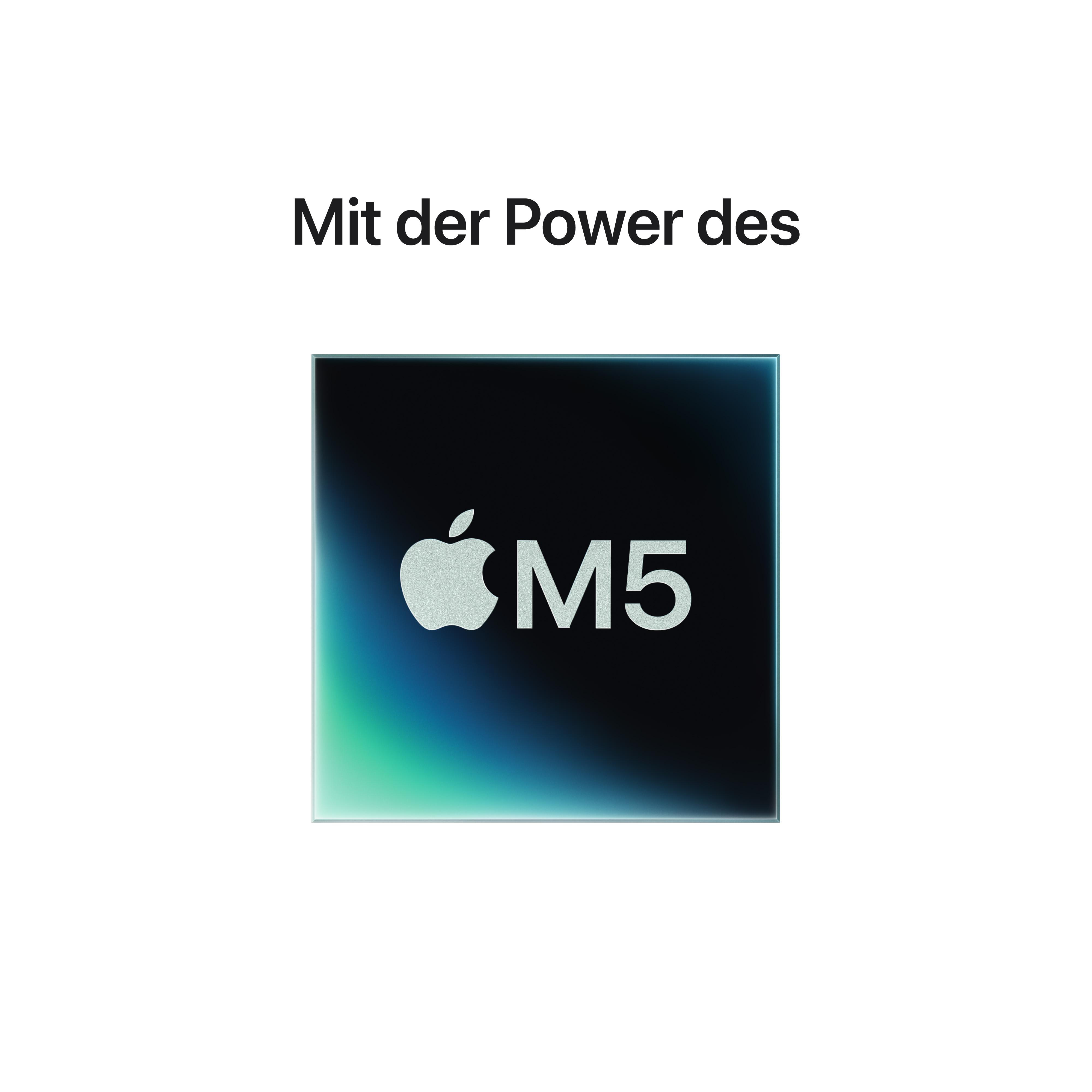 Das Bild zeigt ein Quadrat mit einem Apple-Logo und "M5" auf einem Farbverlaufshintergrund, darüber der Text "Mit der Power des".