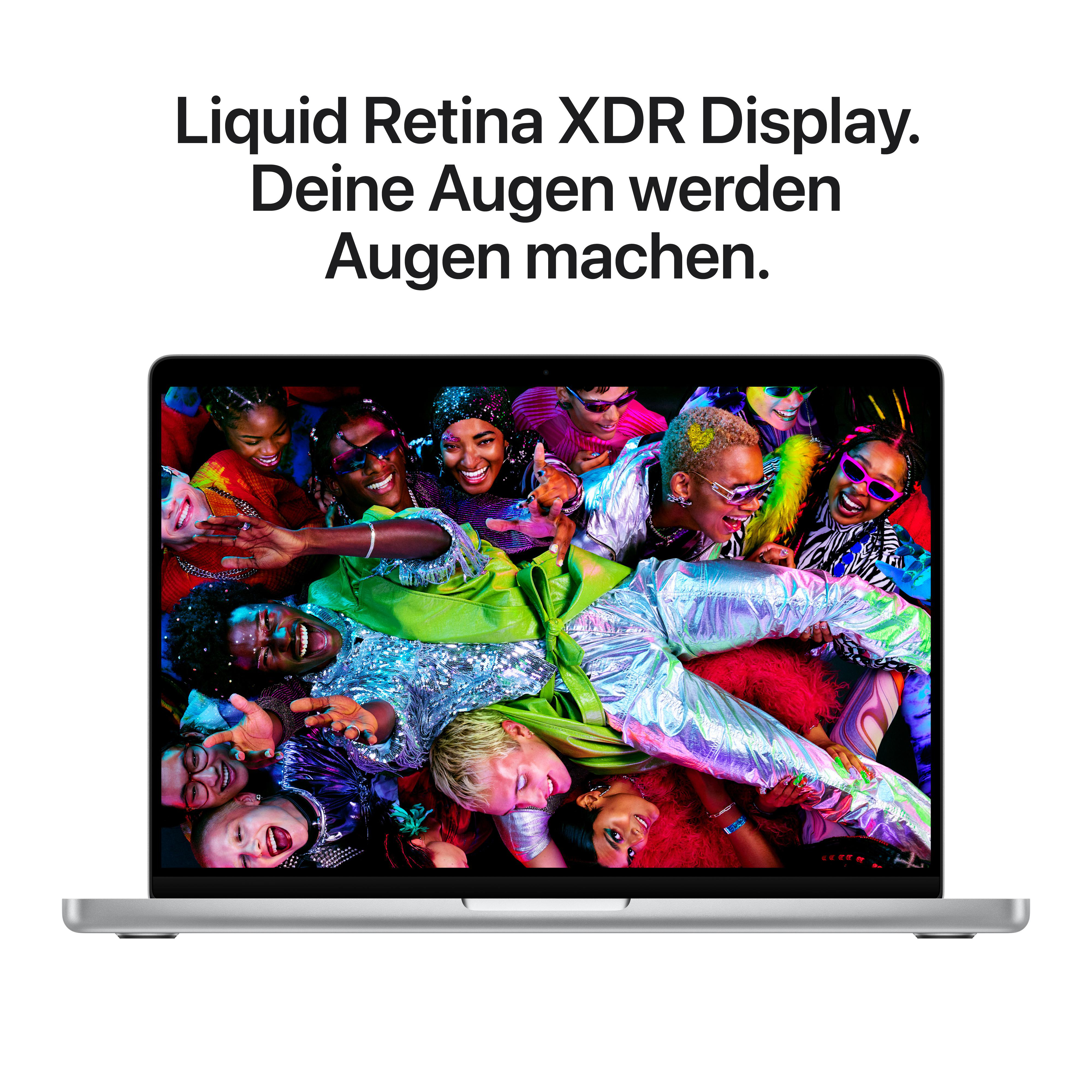 Laptop zeigt eine Gruppe verschiedener Menschen, die lächeln und lachen. Text oben: Liquid Retina XDR Display.