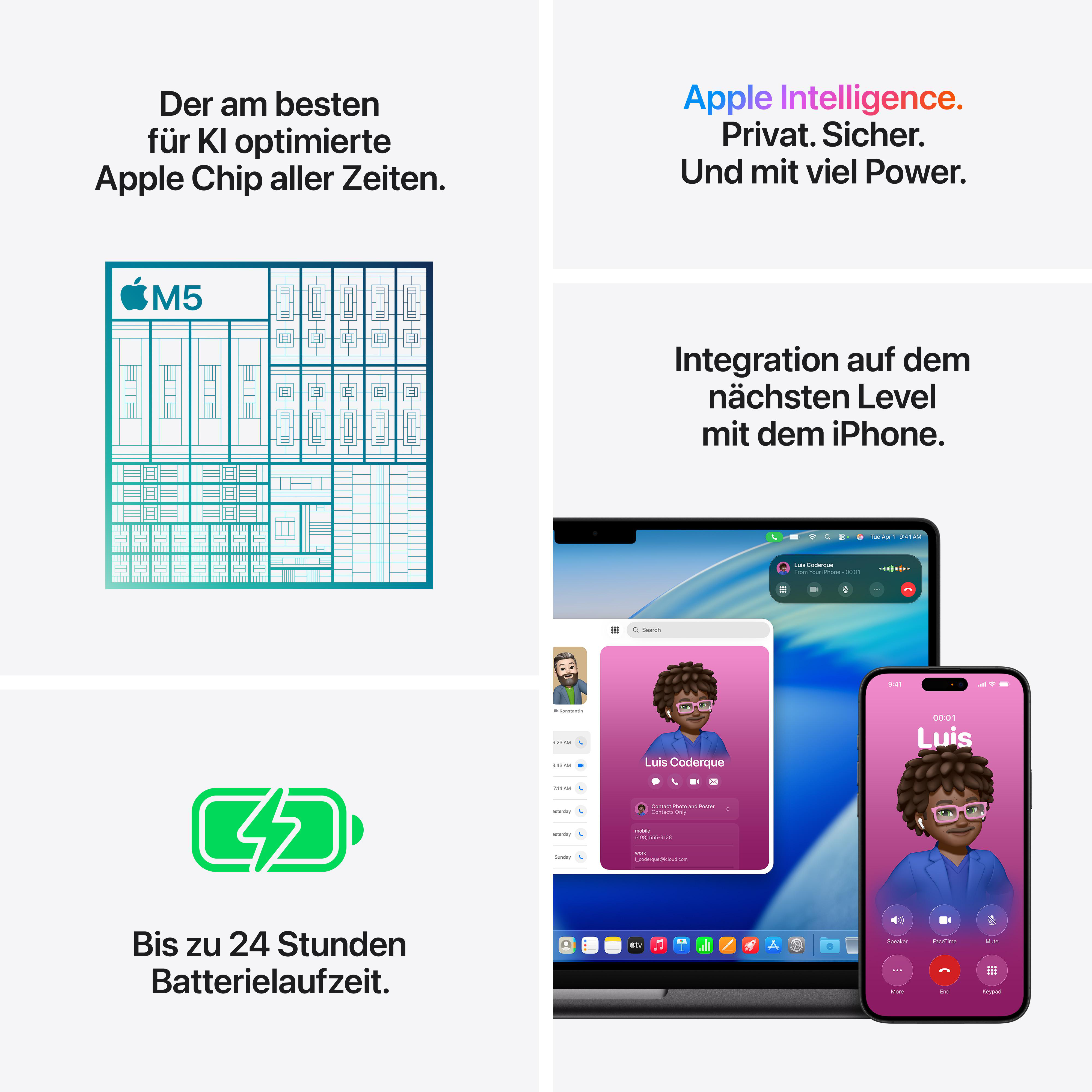 Das Bild zeigt ein iPhone und ein MacBook mit Apple Intelligence-Funktionen. Der Text oben lautet 'Apple Intelligence'.