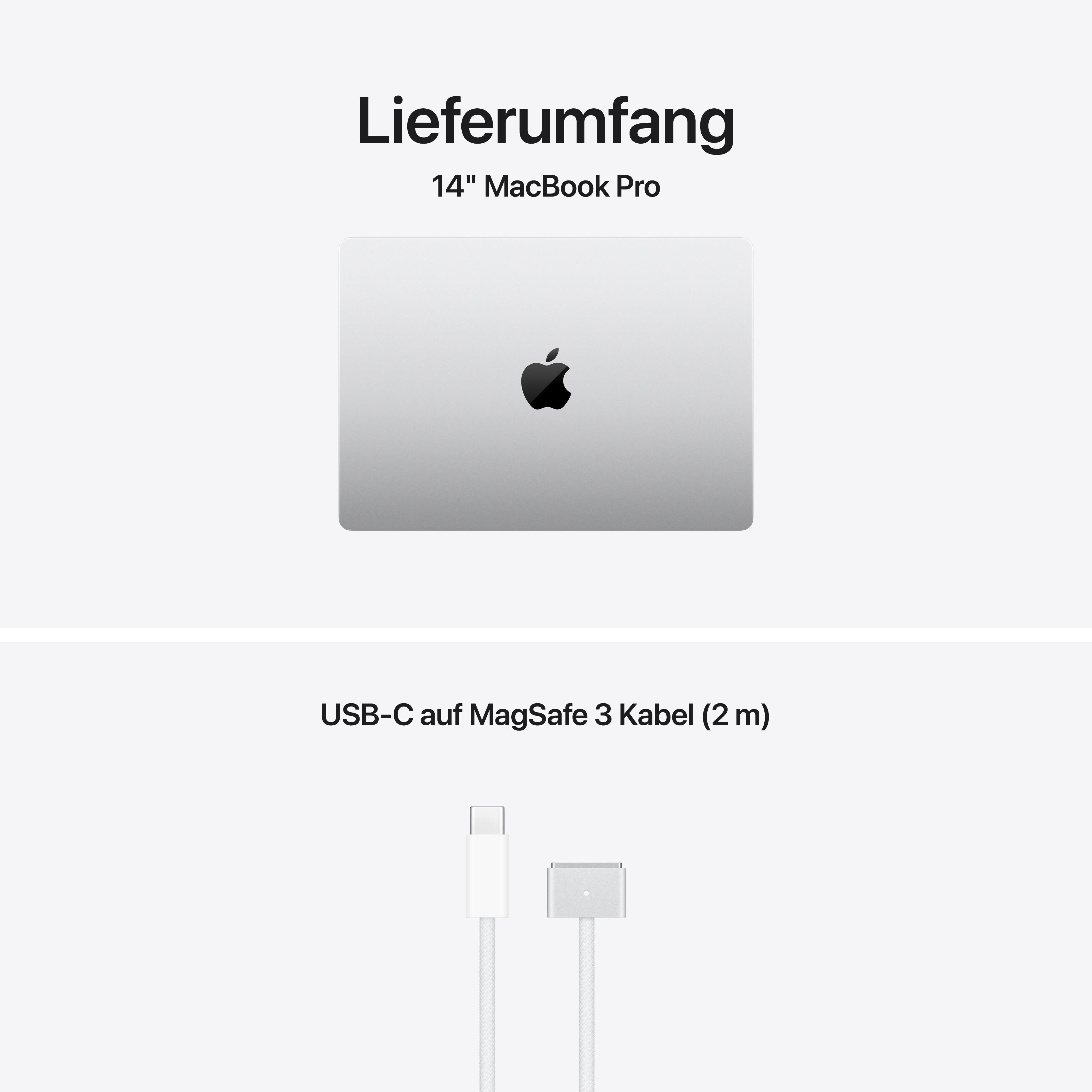 Das Bild zeigt ein MacBook Pro, das Apple-Logo und ein USB-C-auf-MagSafe-3-Kabel. Text enthält 'Lieferumfang'.
