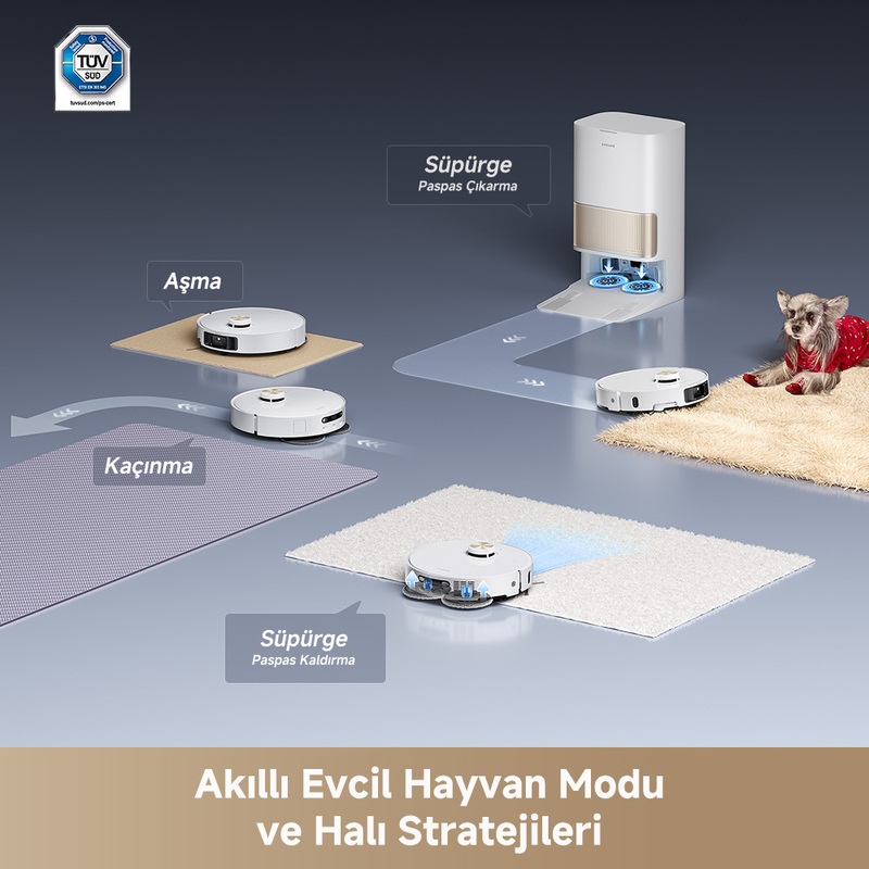 Robot süpürgeler çeşitli yüzeyleri temizliyor, engellerden kaçınıyor ve kırmızı kazaklı bir köpek, Türkçe metinlerle.