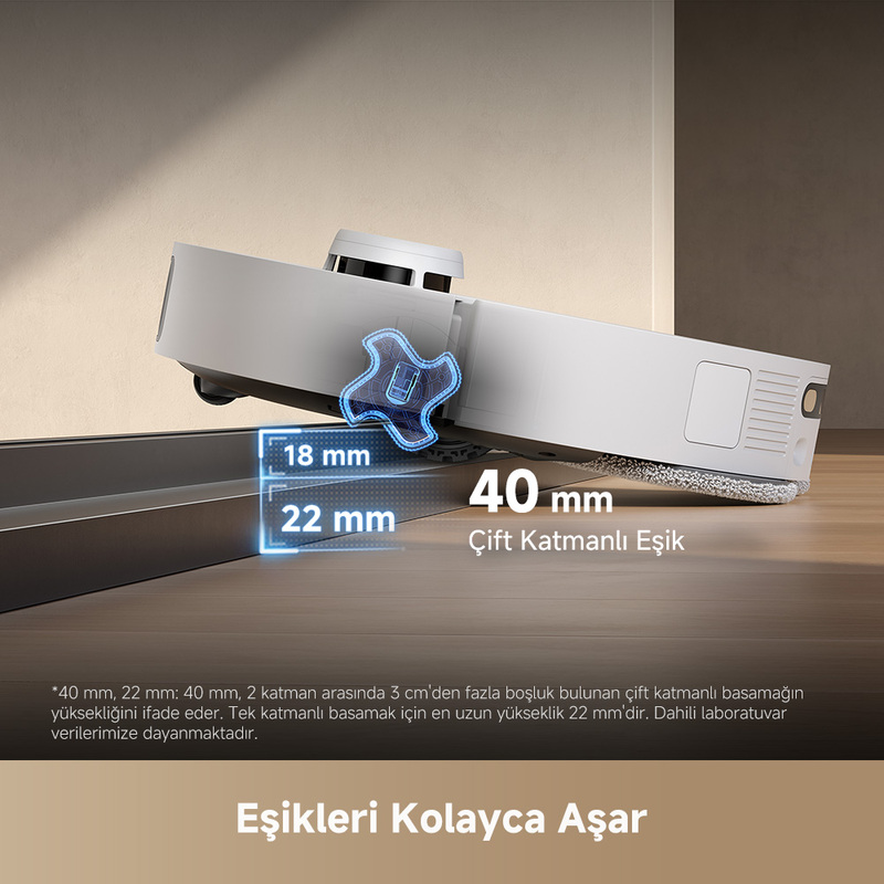 Beyaz bir robot süpürge bir engeli aşıyor. Metin, 40 mm eşikleri aşabileceğini gösterir. Detaylar ölçümleri içerir.