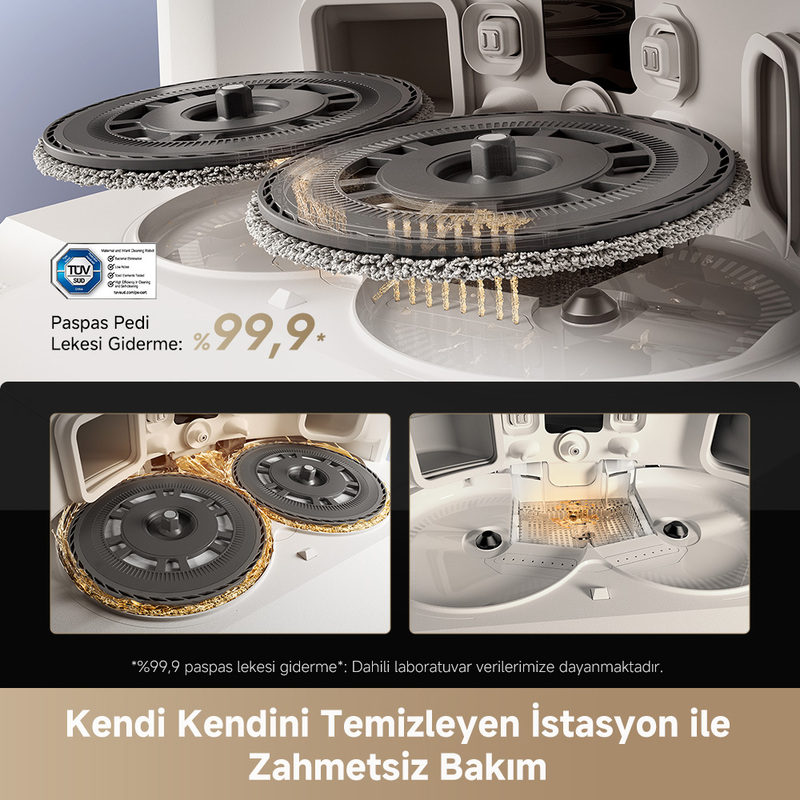 İki döner paspasa sahip bir temizleme makinesi. Metin, %99,9 leke çıkarma oranını gösterir. Zahmetsiz bakım için kendi kendini temizleyen istasyon.