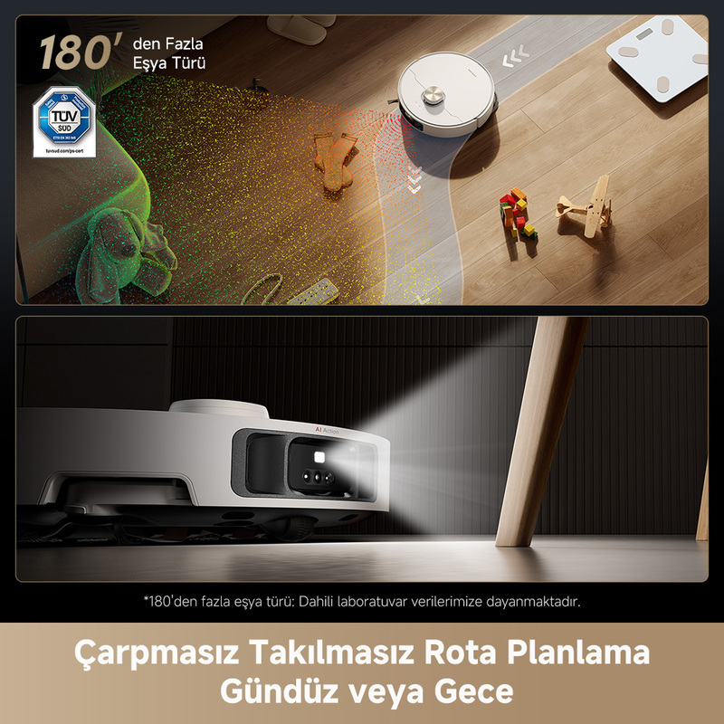 Ahşap zeminde bir robot süpürge. Yakınlarda oyuncaklar ve bir terazi var. Süpürge engellerden kaçınıyor.