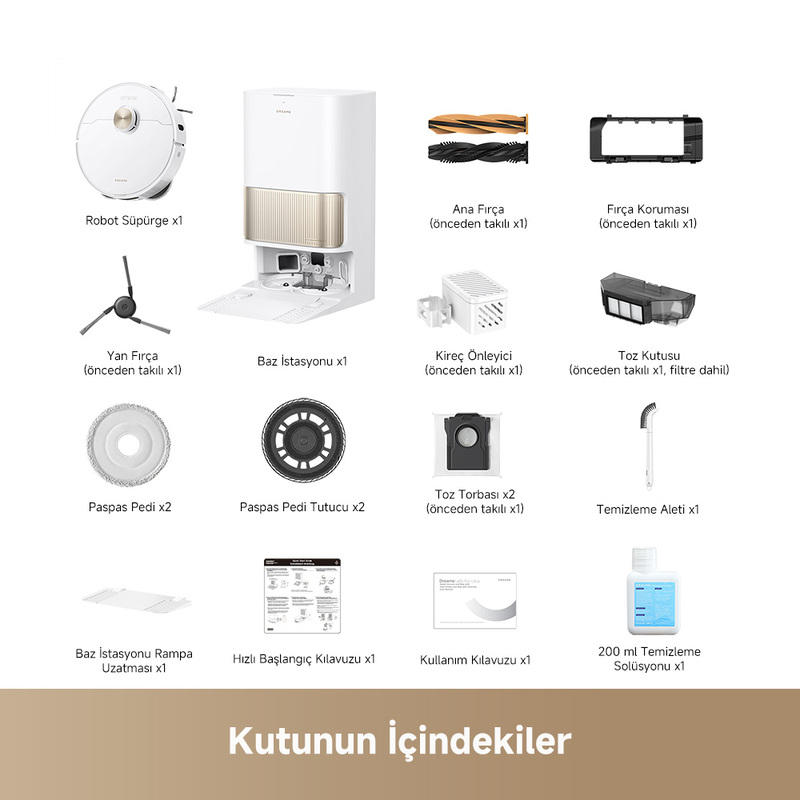 Görselde robot süpürge parçaları gösteriliyor. Süpürge, şarj istasyonu, fırçalar, temizleme aletleri ve aksesuarları içerir.