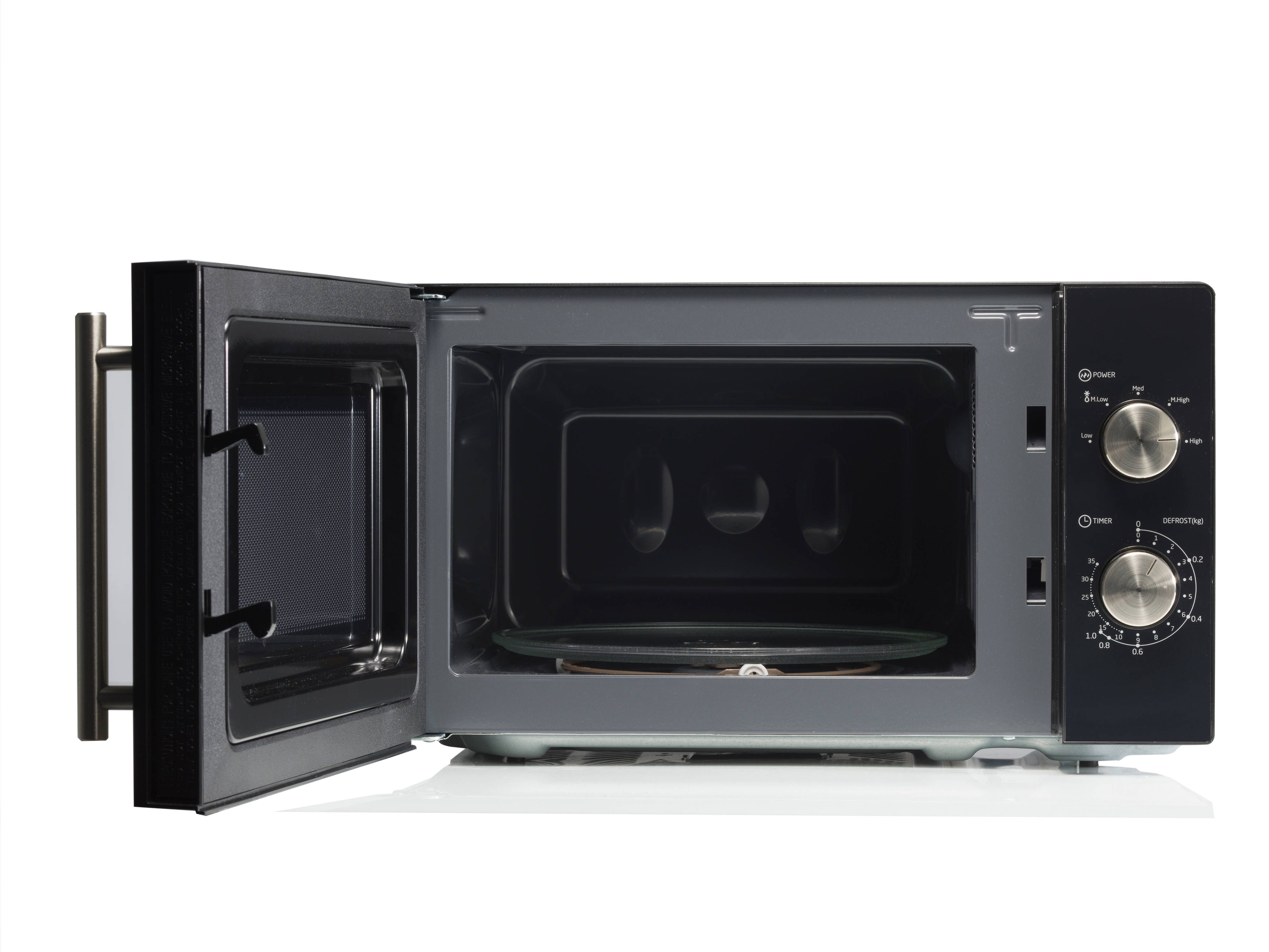 Otwarty piekarnik mikrofalowy. Czarny wygląd, szare wnętrze ze szklaną płytą. Panel sterowania po prawej.