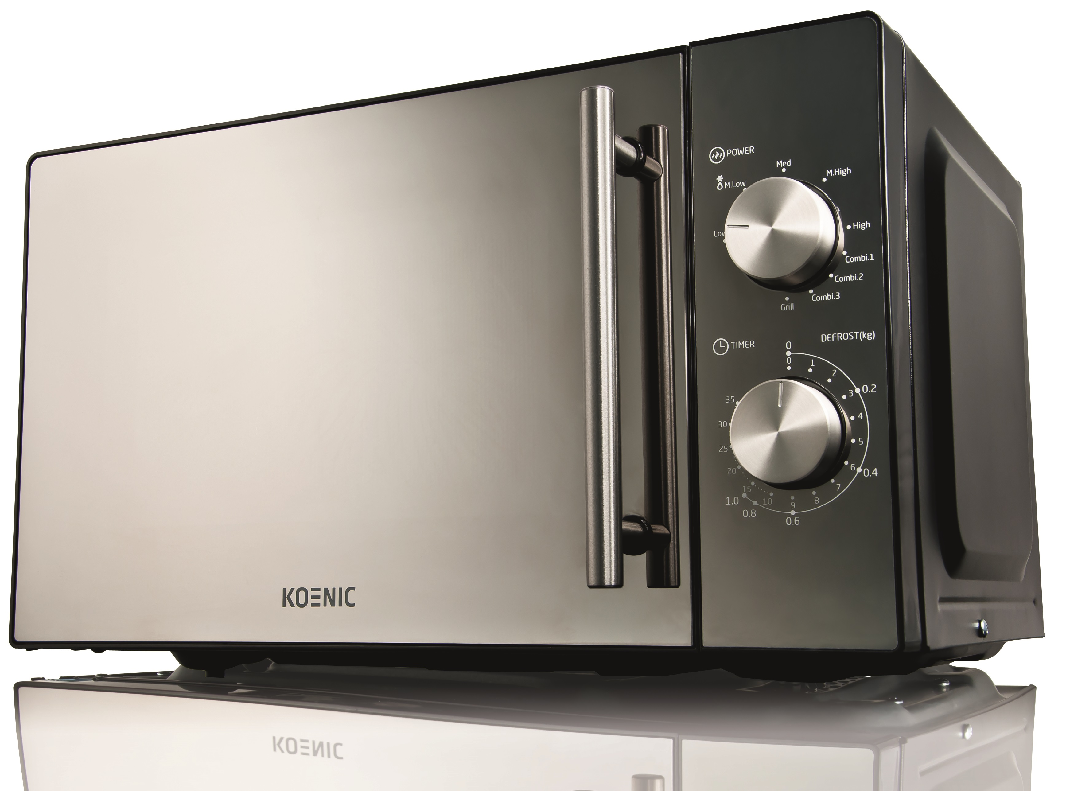 Srebrna i czarna kuchenka mikrofalowa z pokrętłami i uchwytem, marka to Koenig.