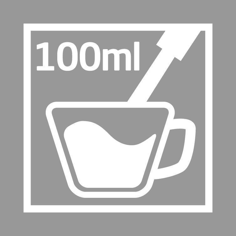 Biała ikona przedstawiająca kubek z tekstem 100ml, kubek jest w białym prostokącie na szarym tle.