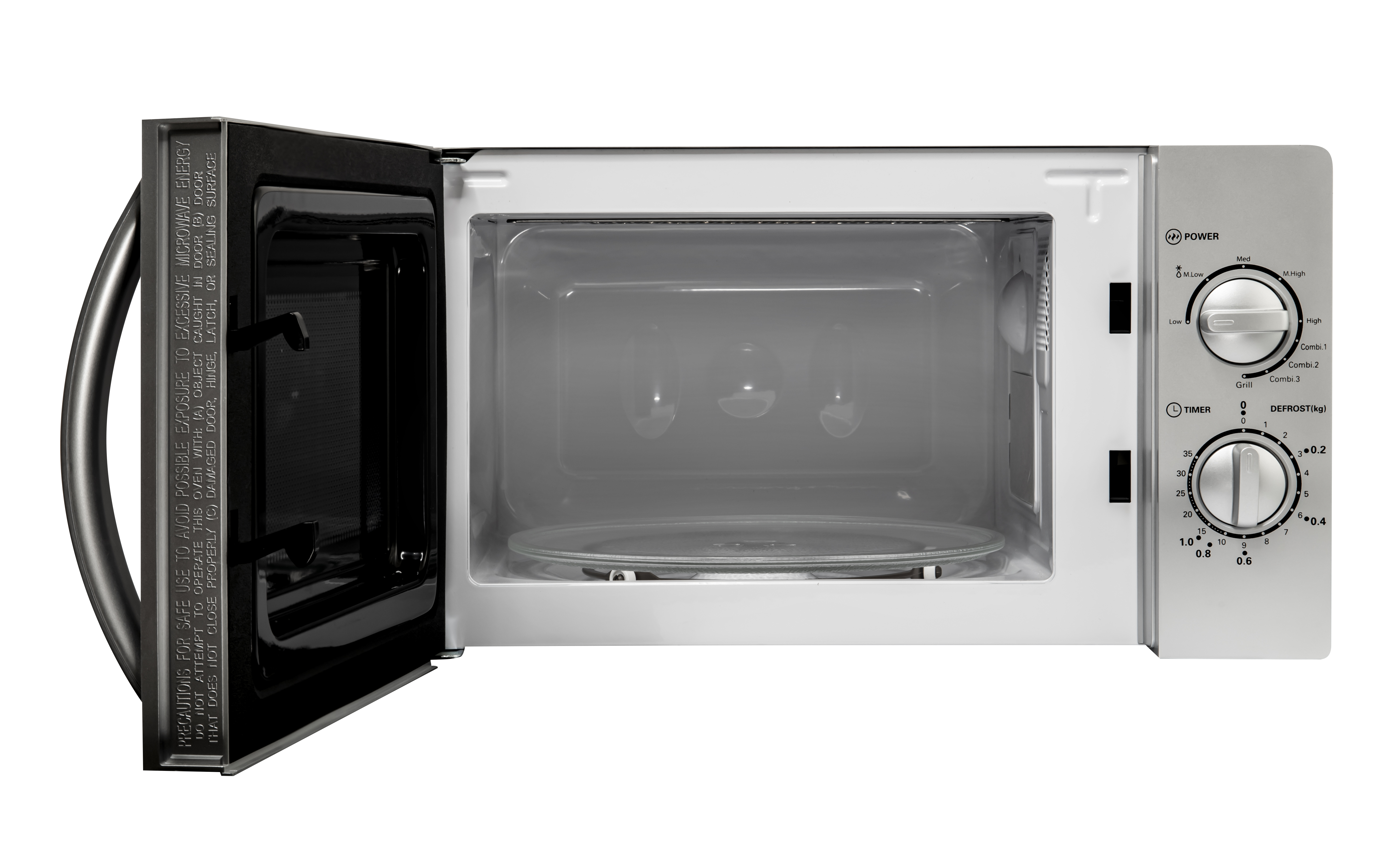 Otwarty piekarnik mikrofalowy. Wewnątrz szklana płyta. Panel sterowania po prawej stronie z ustawieniami timera i mocy. Drzwi otwarte w lewo.