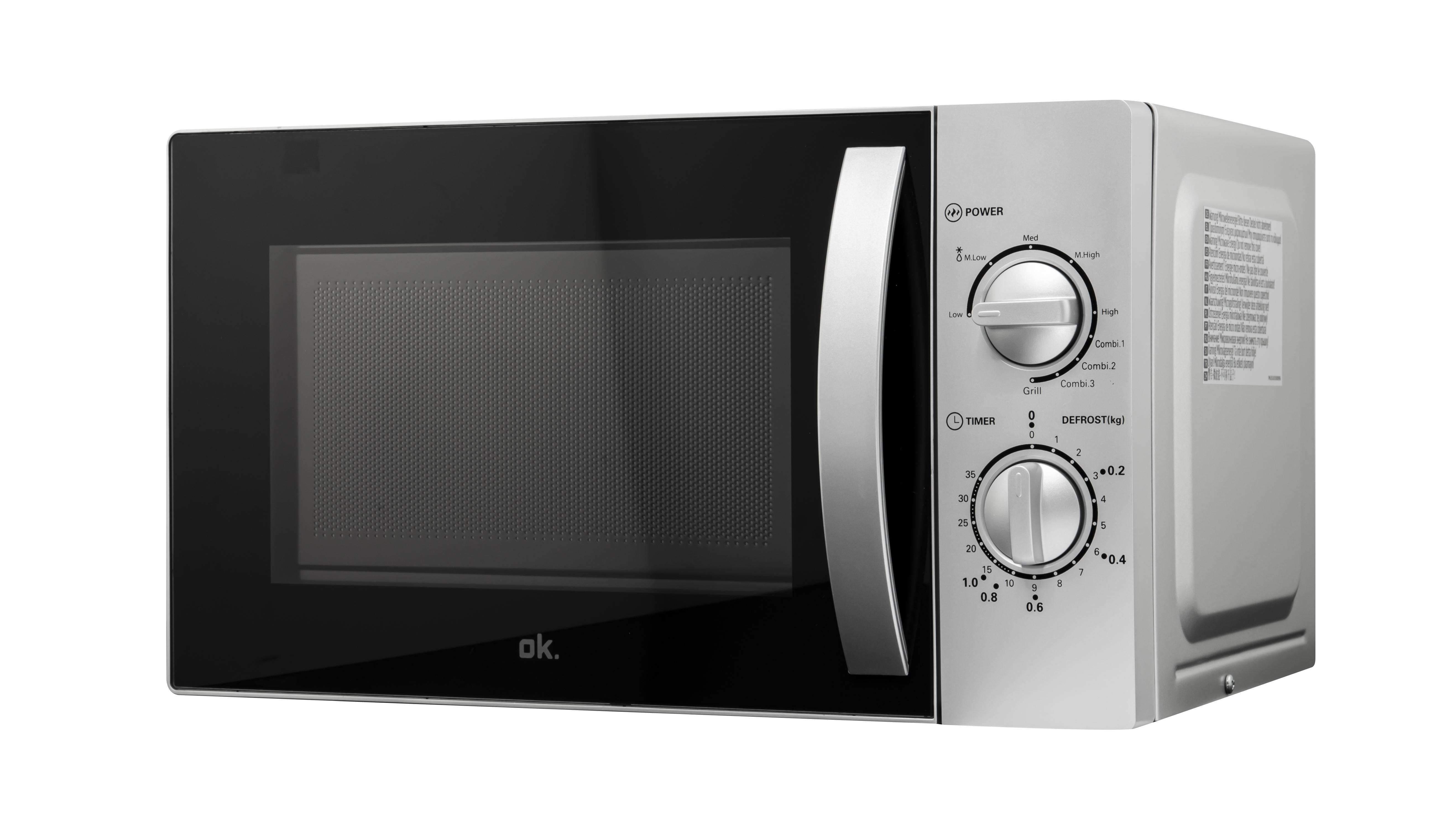 Srebrna kuchenka mikrofalowa z czarnymi drzwiami i panelem sterowania. Widoczne pokrętła zasilania, timera i rozmrażania.