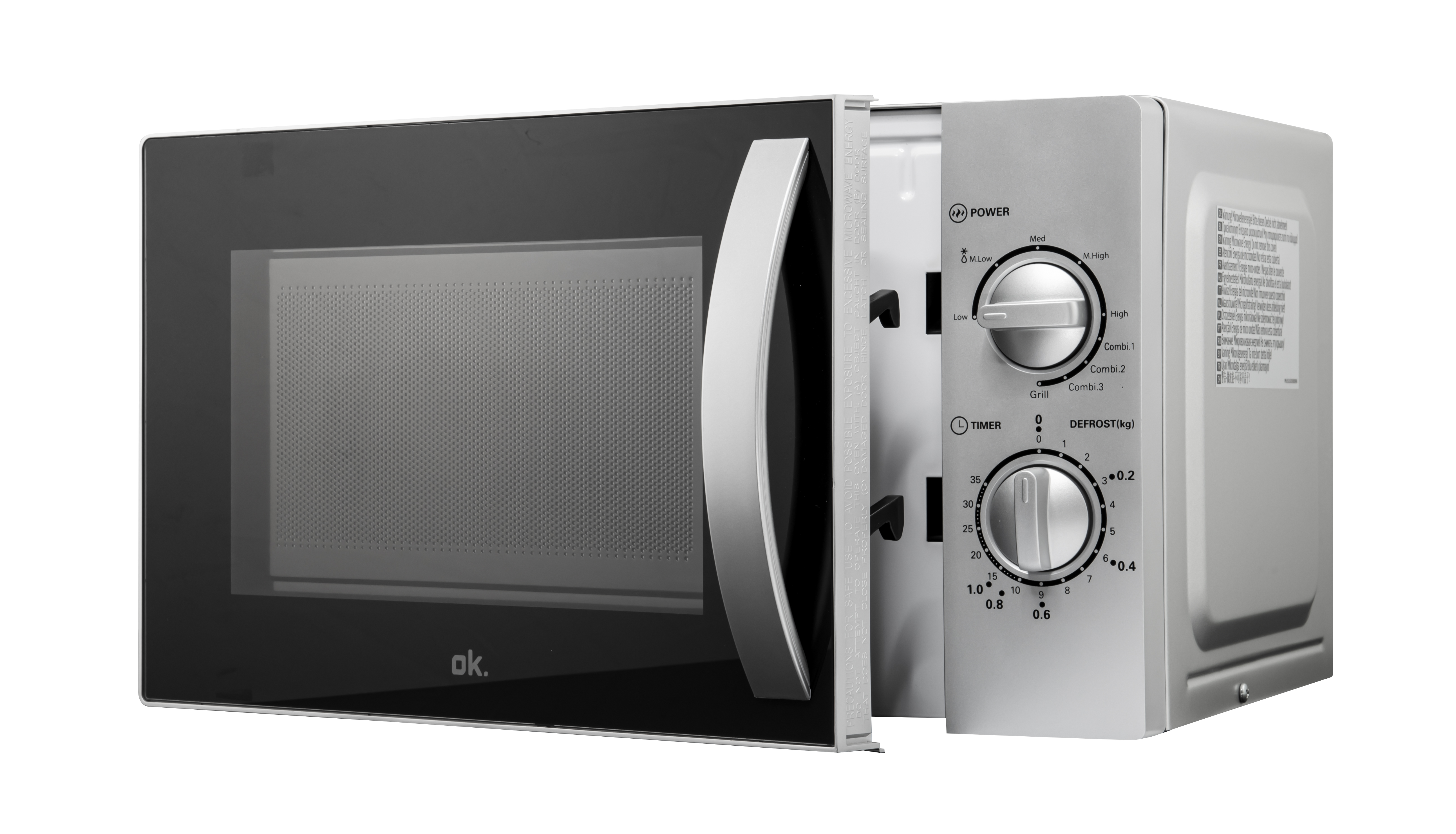 Srebrna kuchenka mikrofalowa z częściowo otwartymi drzwiami. Posiada pokrętła do ustawiania mocy, timera i rozmrażania.