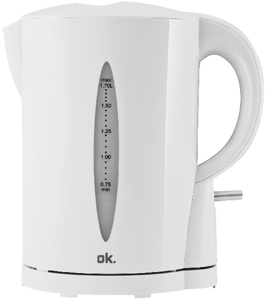 Biały czajnik elektryczny z uchwytem i wskaźnikiem poziomu wody. Widoczna marka 'ok.'.
