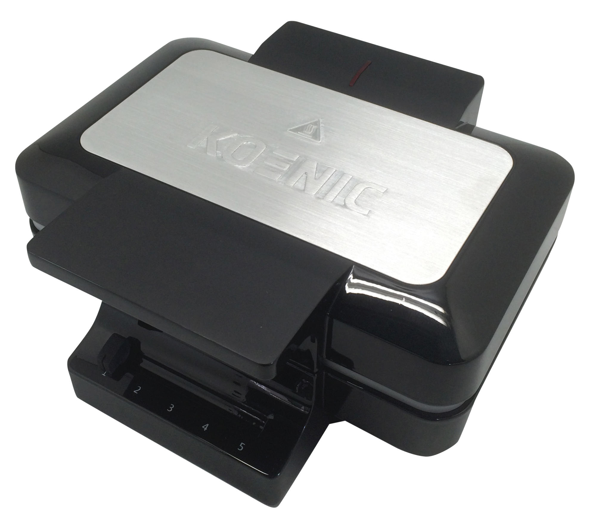 Widoczna jest czarna i srebrna gofrownica Koenic, z panelem sterowania i ustawieniami od 1 do 5.