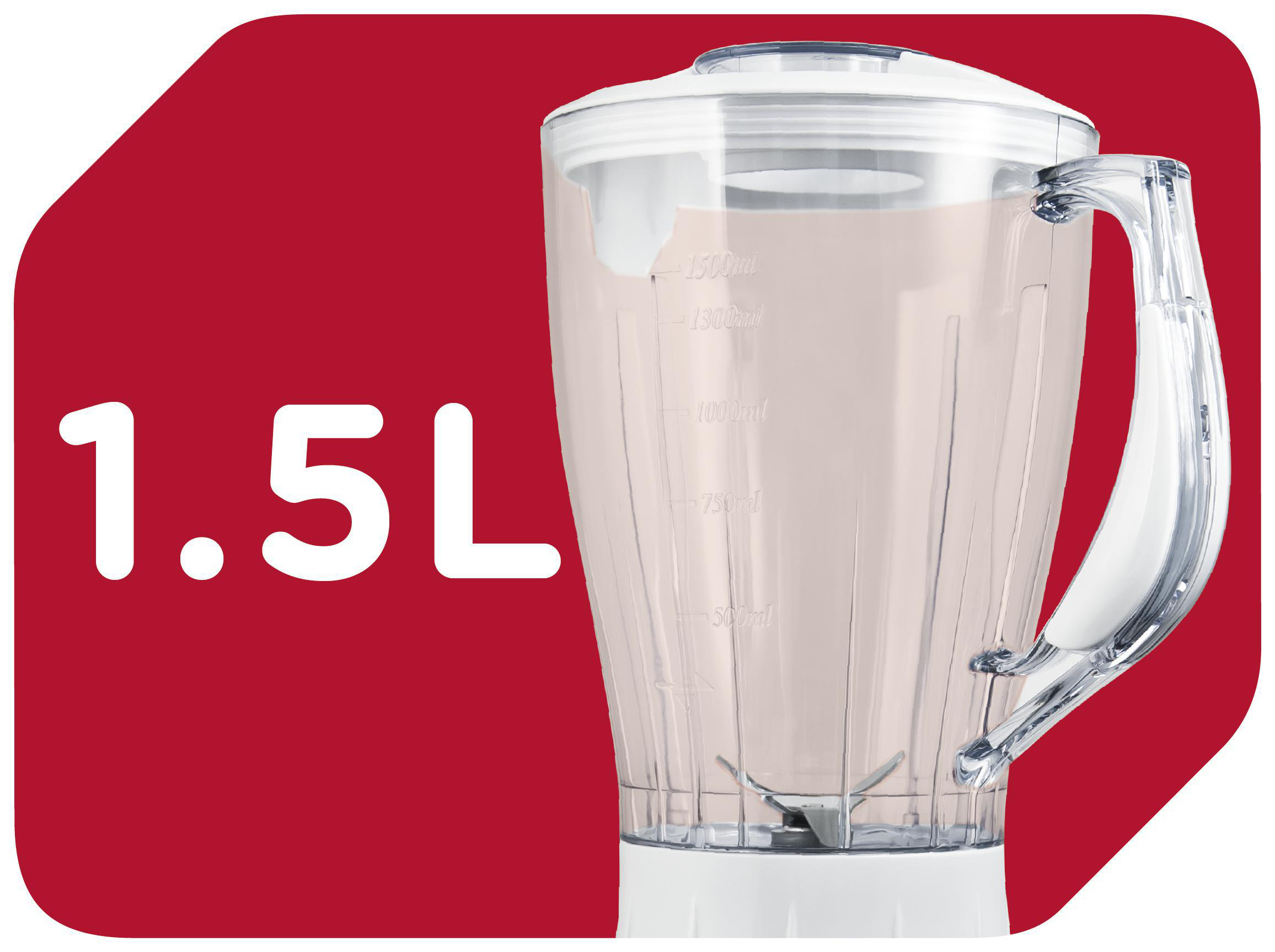 Blender z przezroczystym pojemnikiem. Tło jest czerwone z białym napisem 1.5L.