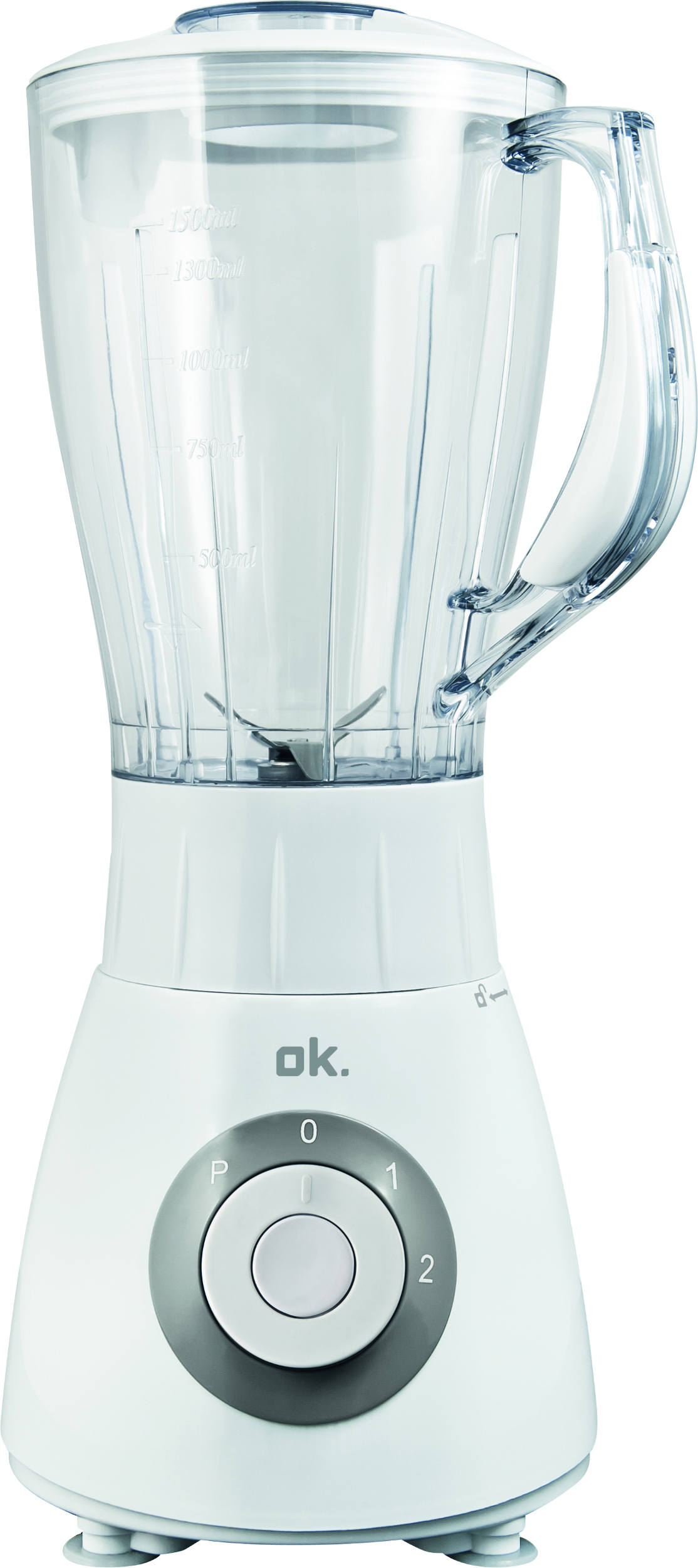 Biały blender z przezroczystym pojemnikiem. Posiada uchwyt, ostrza i pokrętło sterowania z numerami.