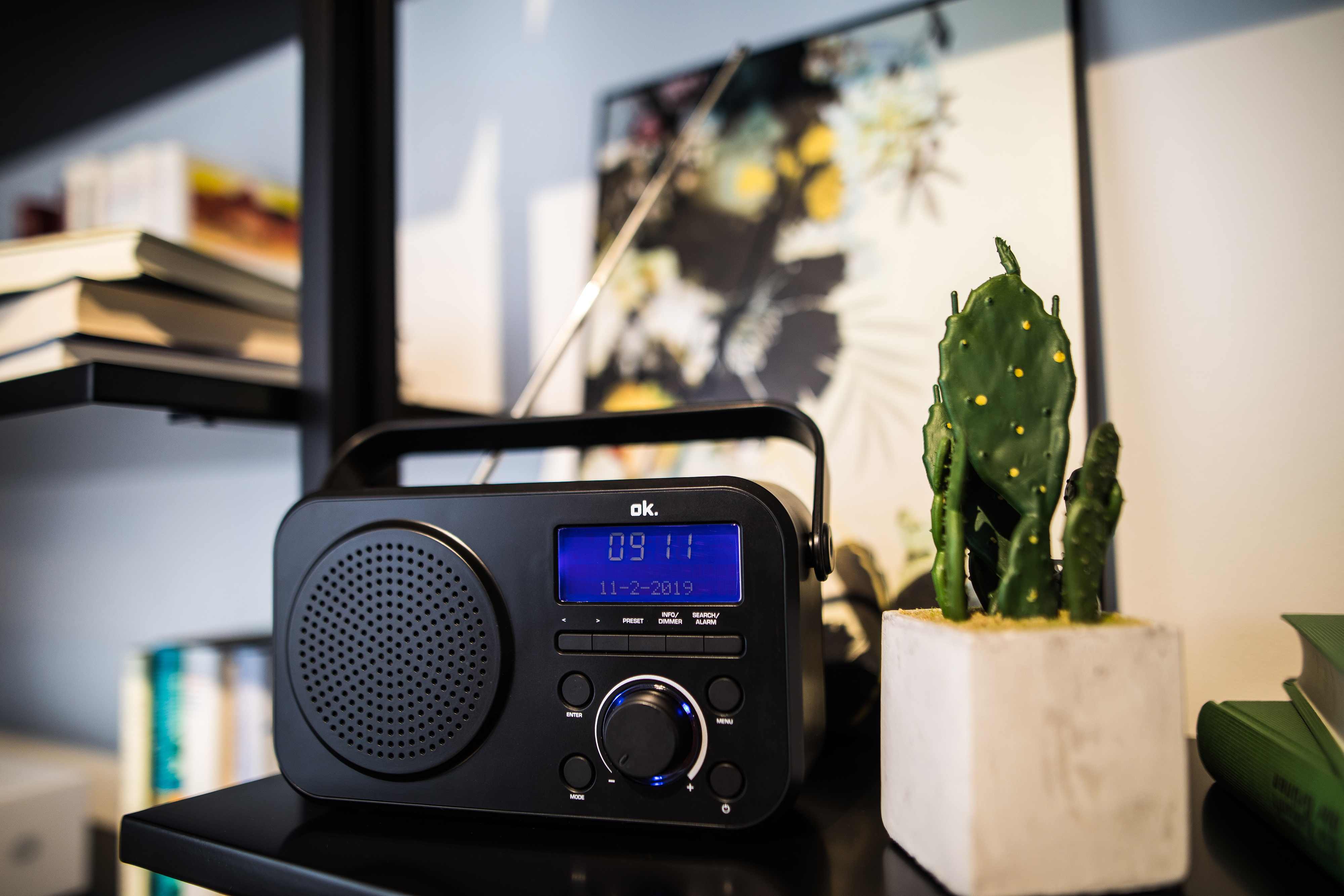 Czarny radio z niebieskim wyświetlaczem, kaktus w białej doniczce i książki na półce są widoczne.