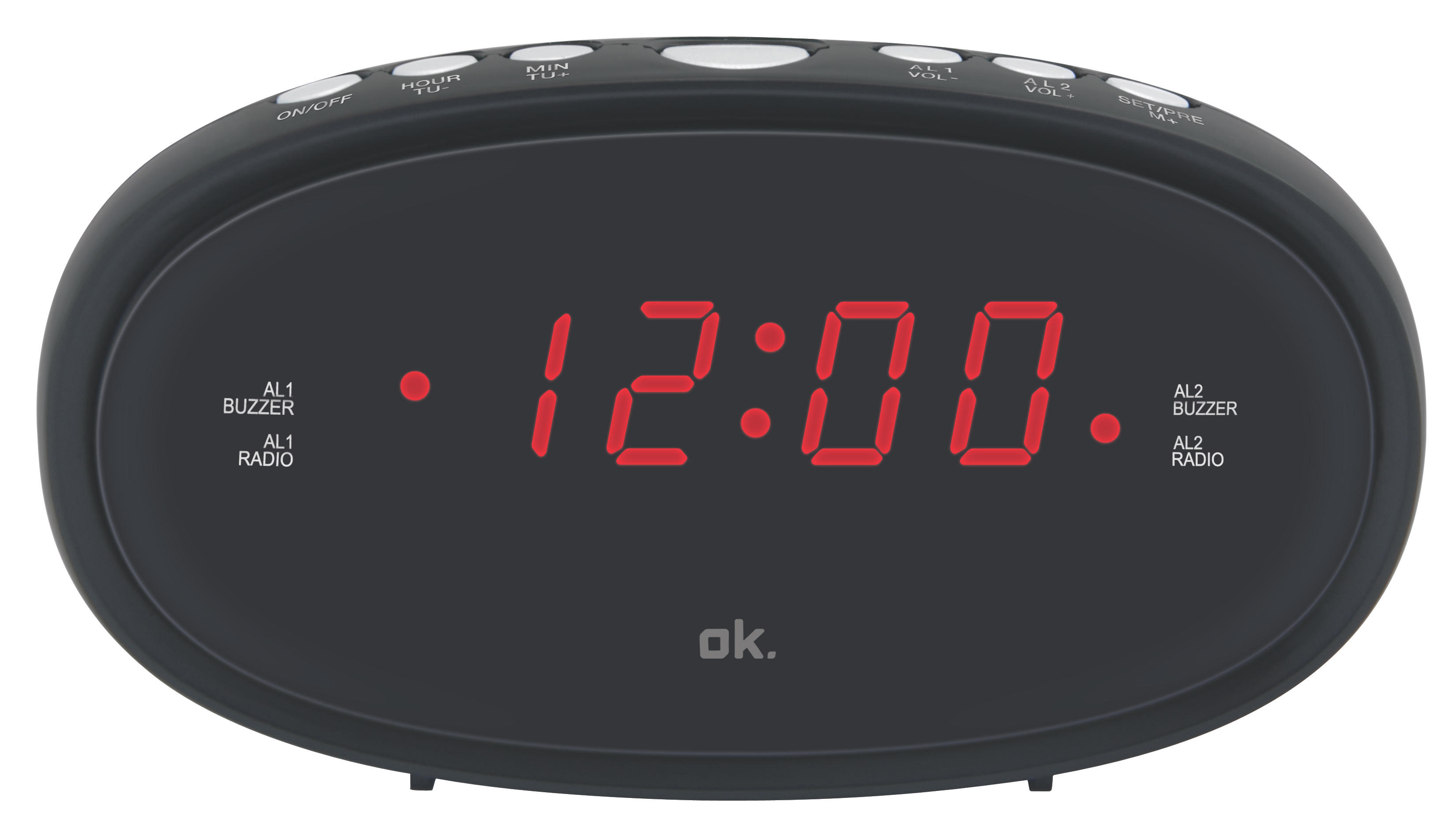 Czarny cyfrowy budzik wyświetlający godzinę 12:00 na czerwono. Posiada przyciski do ustawień i etykiety opcji alarmu.