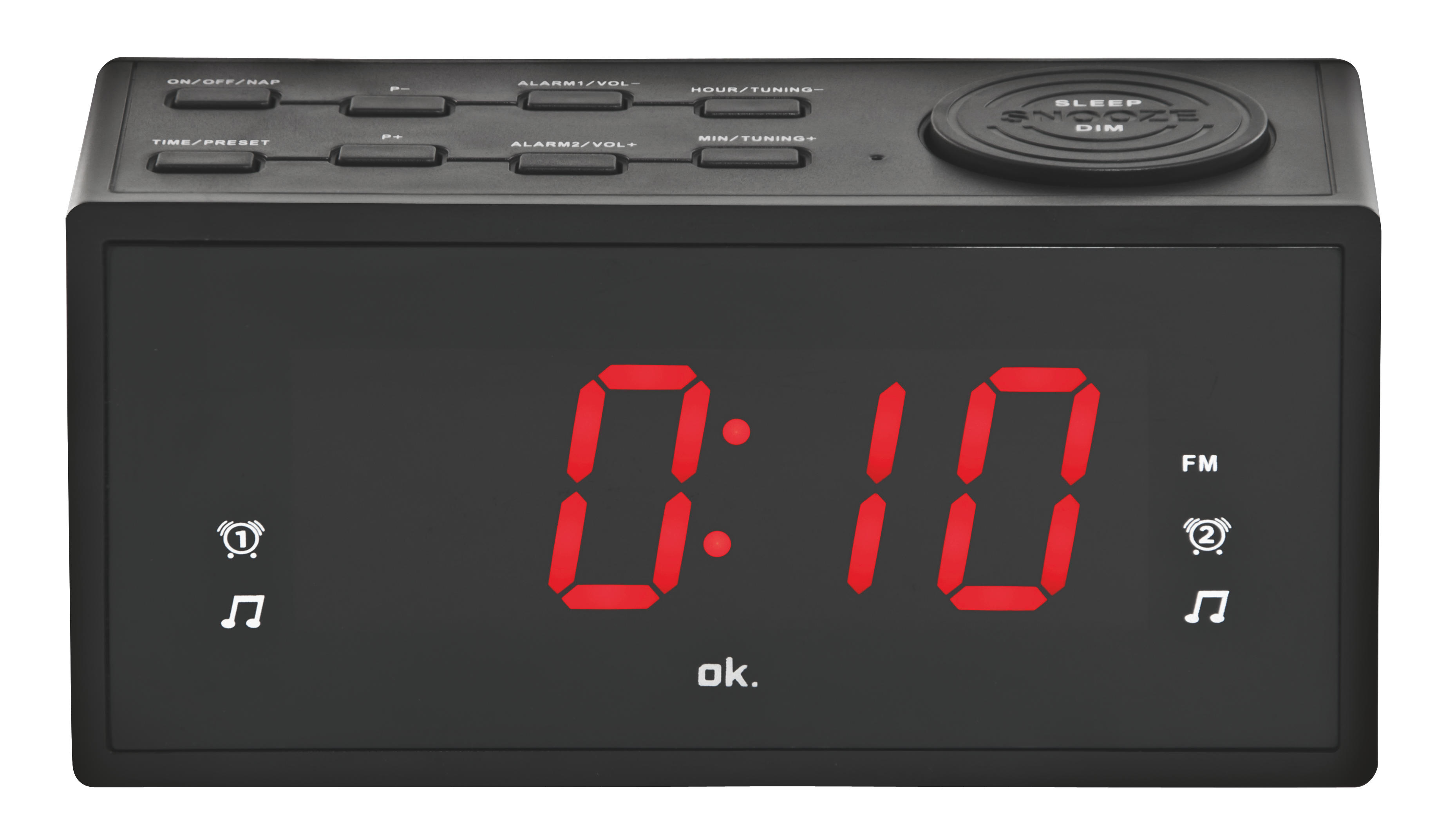Czarny cyfrowy budzik z czerwonym wyświetlaczem 0:10. Widoczne przyciski różnych funkcji.
