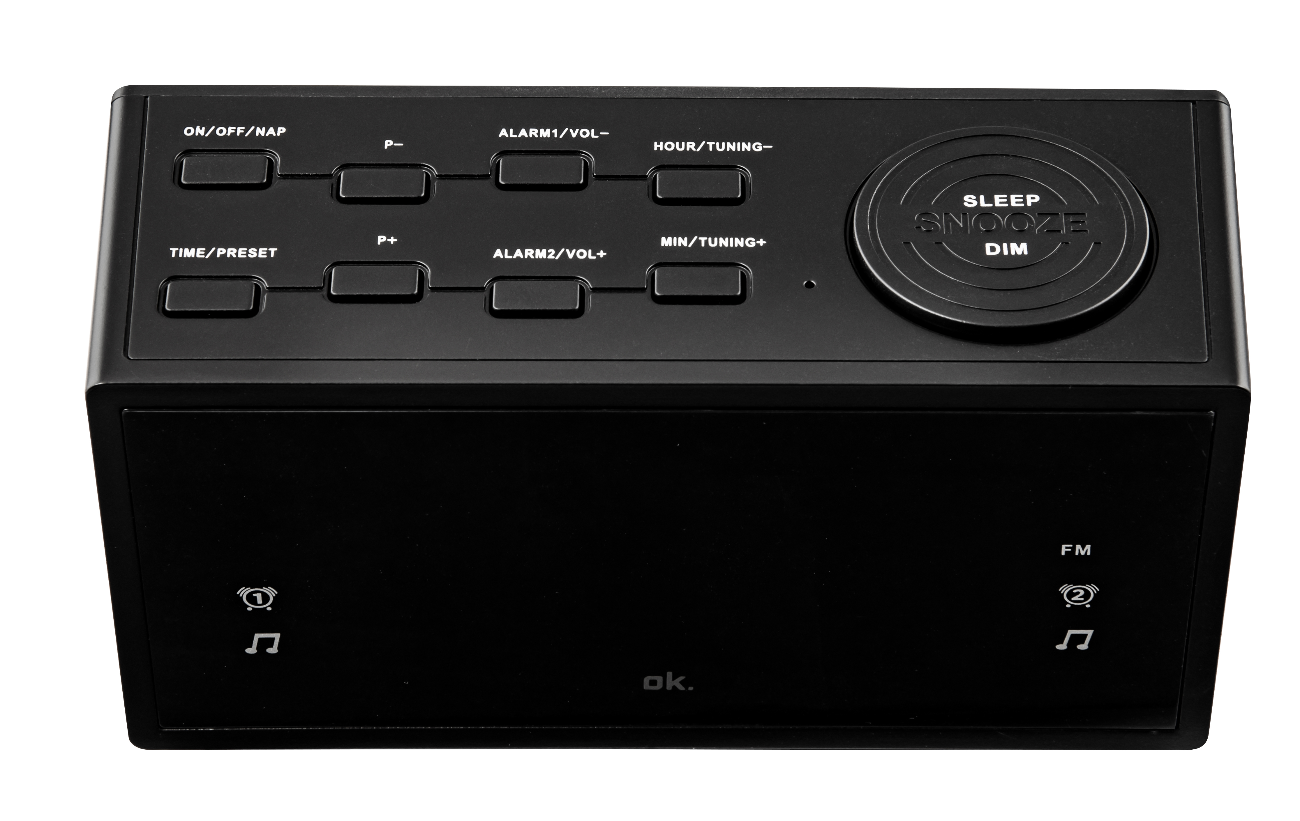 Czarny cyfrowy budzik z przyciskami i pokrętłem drzemki. Wyświetlacz jest ciemny. Marka to ok.