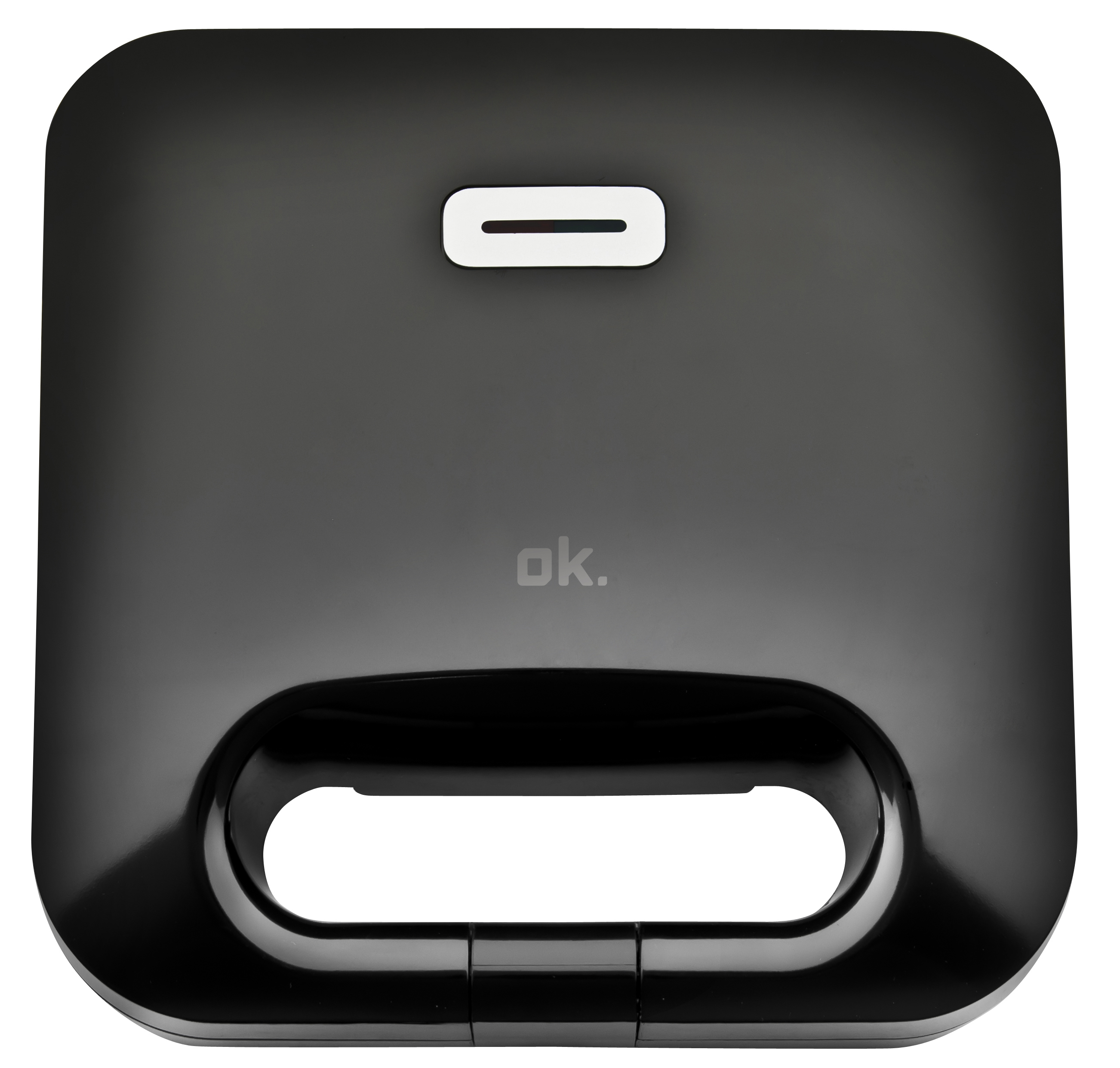Czarny gofrownica z zaokrąglonymi rogami. Ma uchwyt i biały prostokątny przycisk. Widoczne jest słowo "ok."