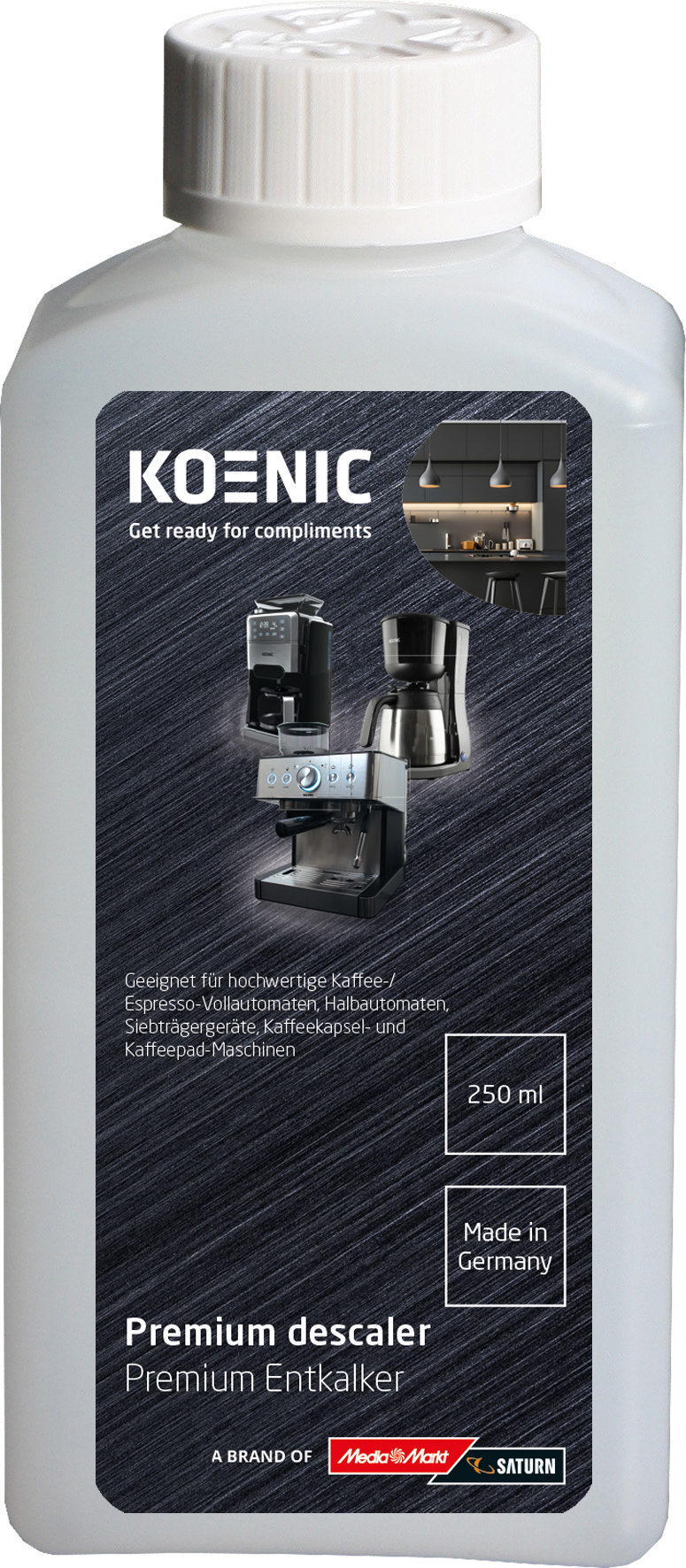 Weiße Flasche Koenic Premium-Entkalker. Etikett mit Kaffeemaschinen und Küchenszene. Enthält 250 ml. Hergestellt in Deutschland.