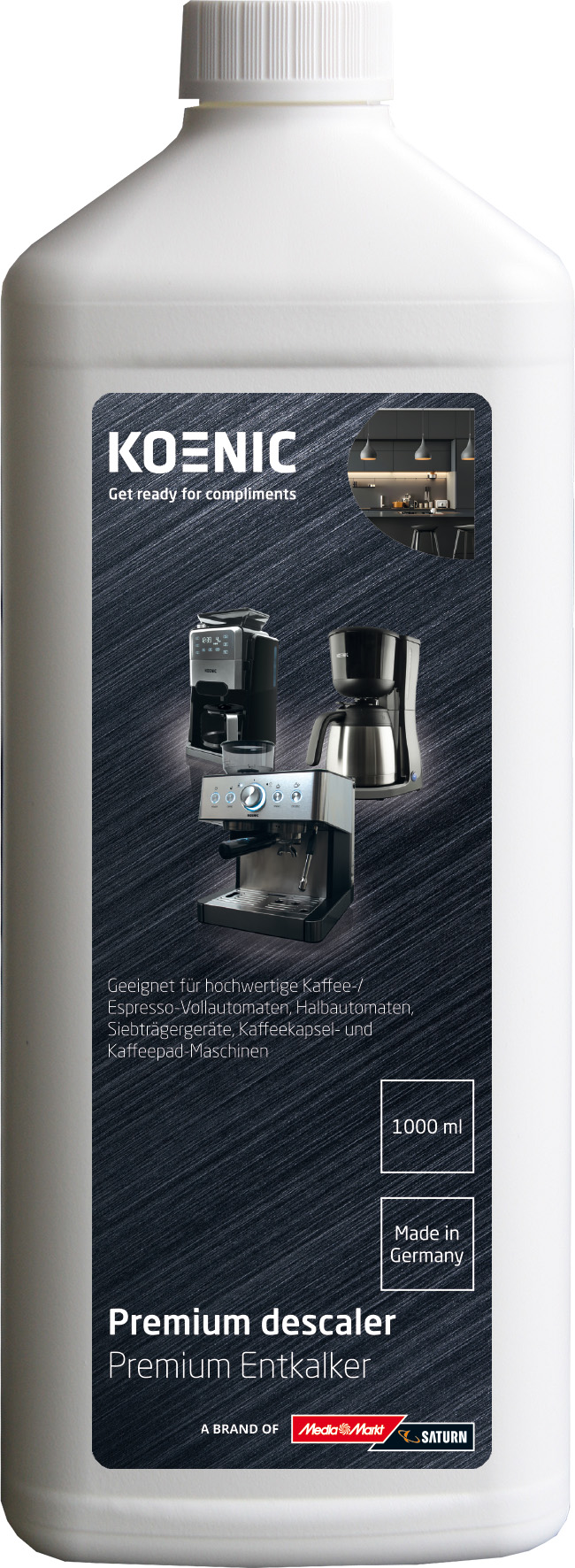 Weiße Flasche Entkalker. Etikett mit Kaffeemaschinen und Text in Englisch und Deutsch. Enthält 1000 ml und Made in Germany.