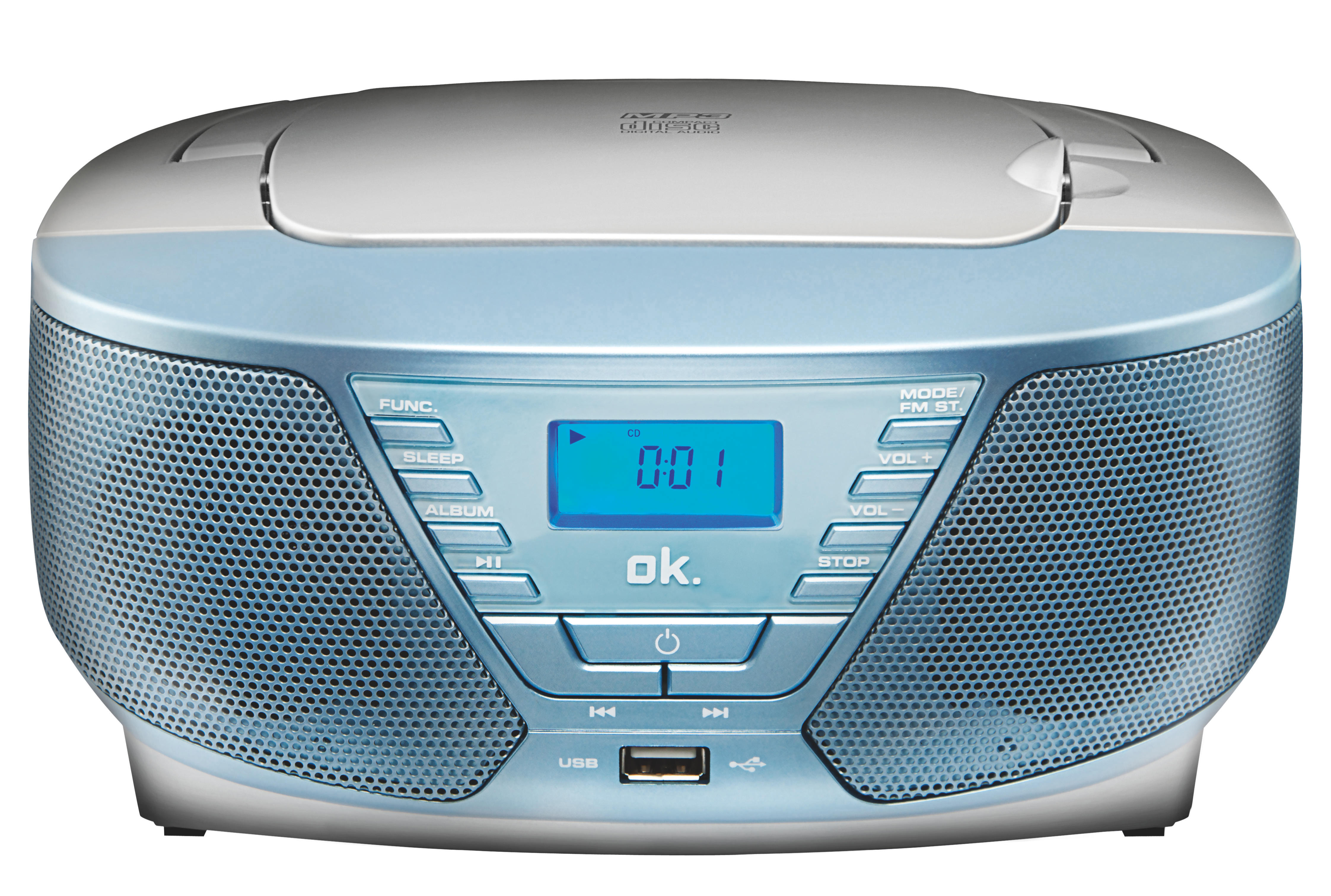 Ein blau-silberner tragbarer CD-Player mit Digitalanzeige, Knöpfen und Lautsprechergittern. Er ist mit 'ok.' beschriftet.