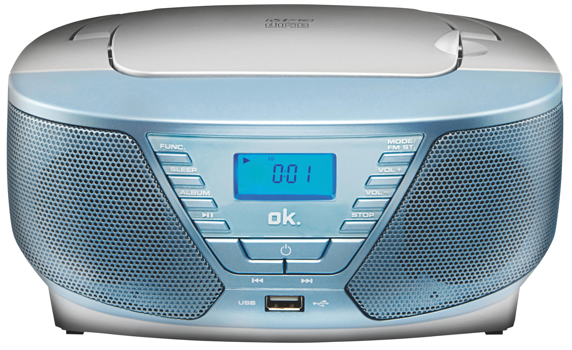 Ein blau-grauer tragbarer CD-Player mit Digitalanzeige '0:01'. Er hat Knöpfe und einen USB-Anschluss.