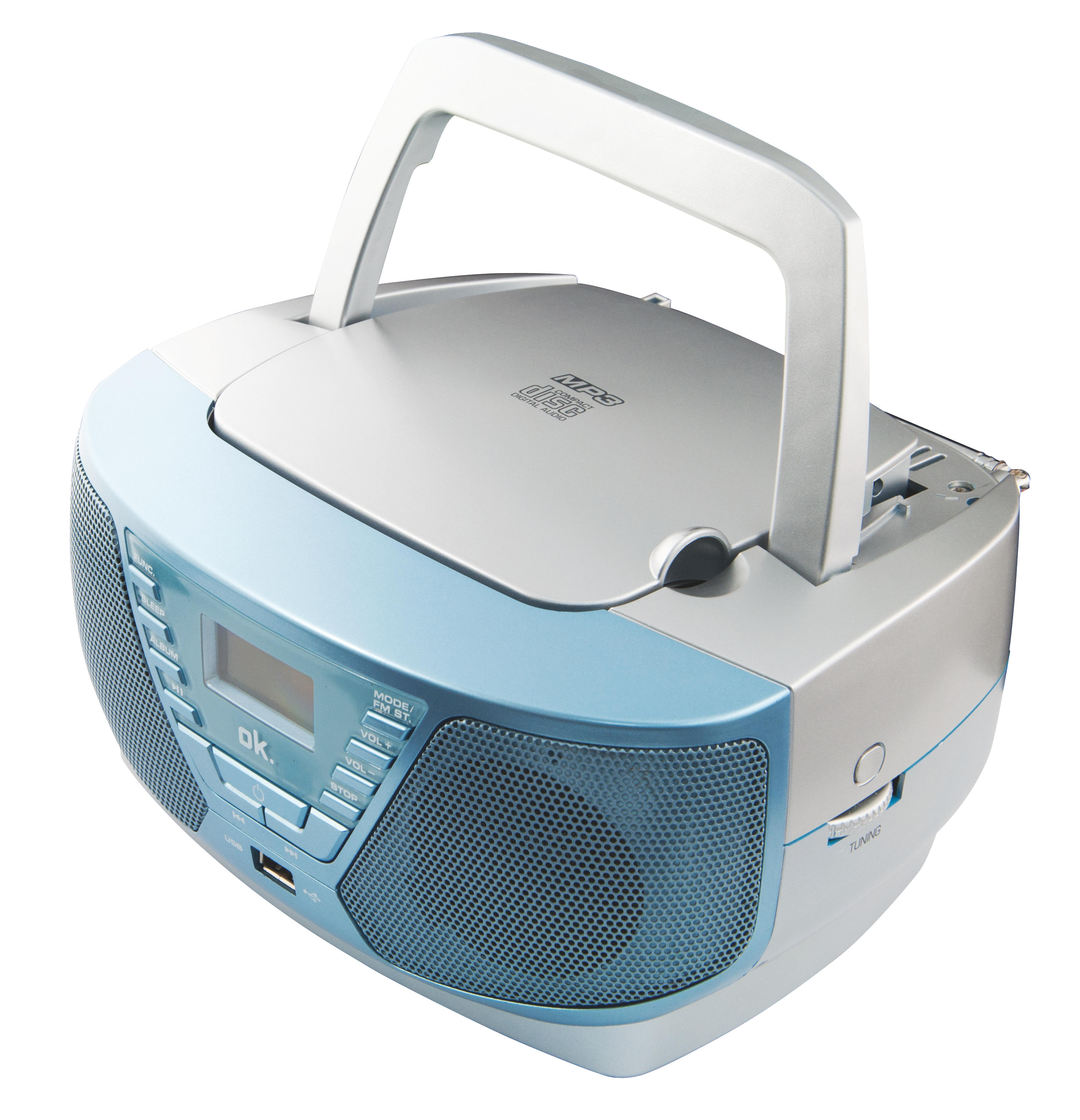 Ein tragbarer CD-Player in Blau und Silber mit Griff. Er hat Knöpfe, einen Bildschirm und einen Lautsprecher.