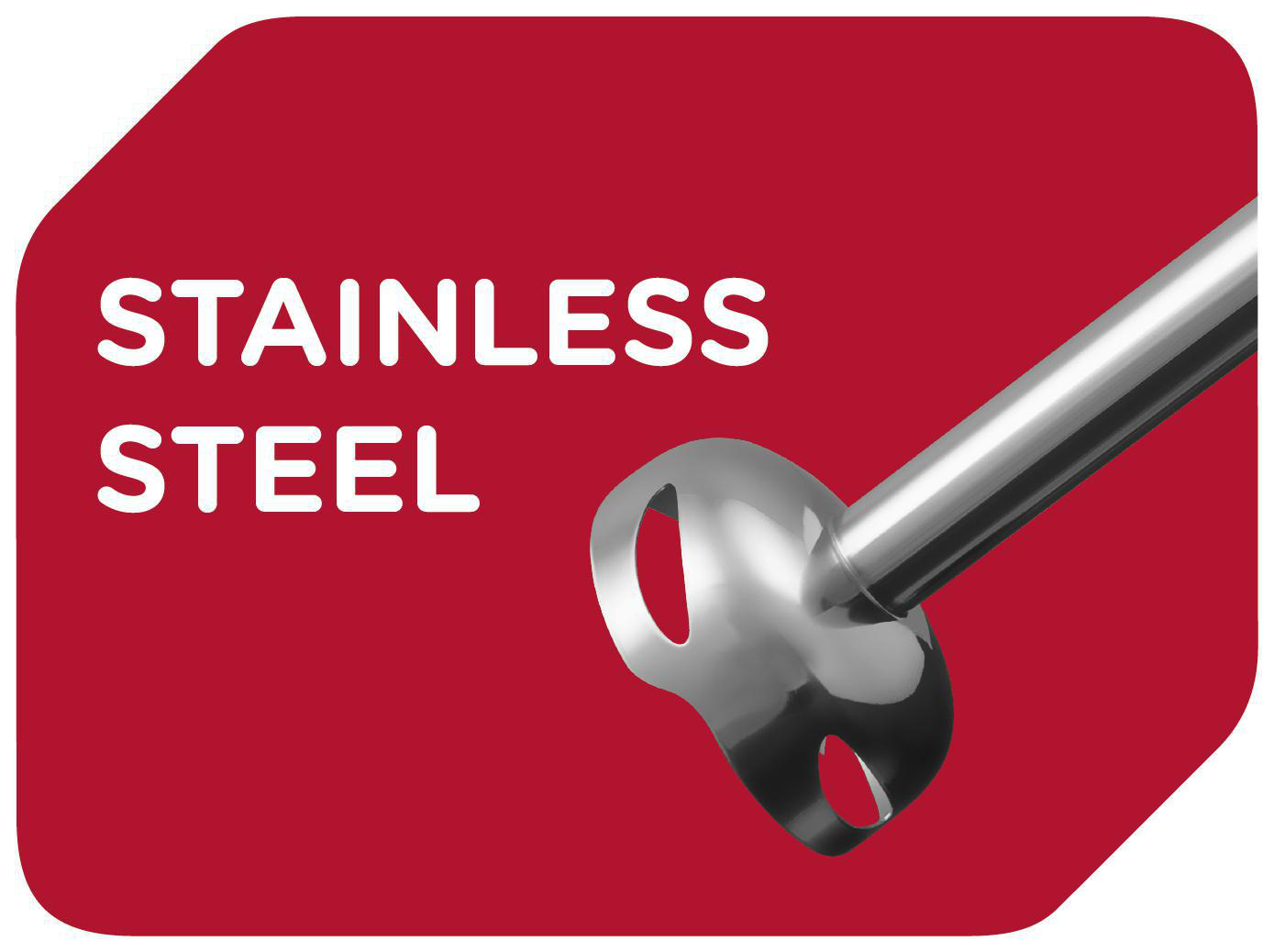 Obraz przedstawia blender ręczny ze stali nierdzewnej na czerwonym tle. Tekst brzmi 'STAINLESS STEEL' na biało.