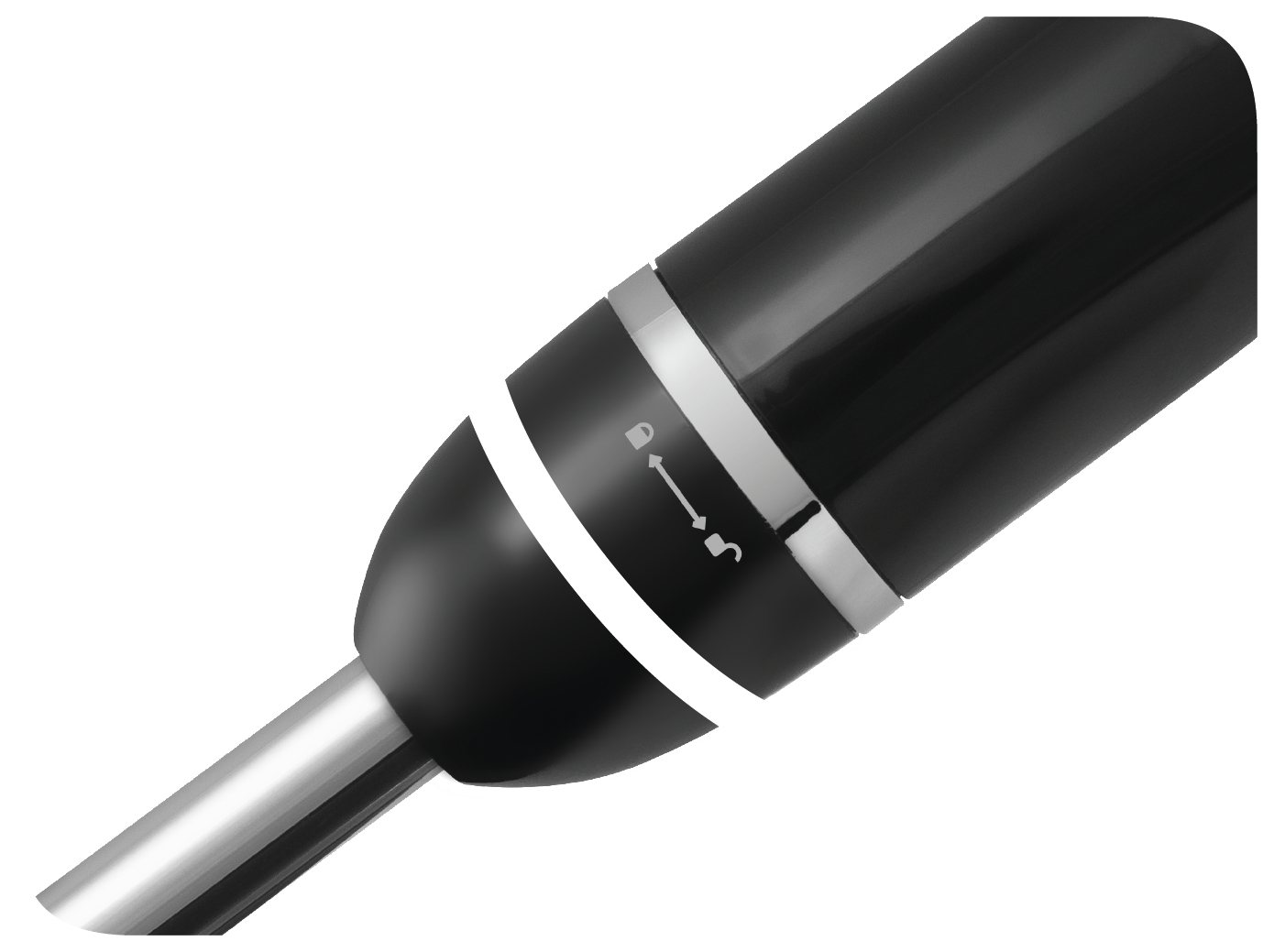 Zbliżenie czarno-srebrnego urządzenia. Zawiera symbol zamka, strzałkę i liczbę 3 na srebrnym pasku.