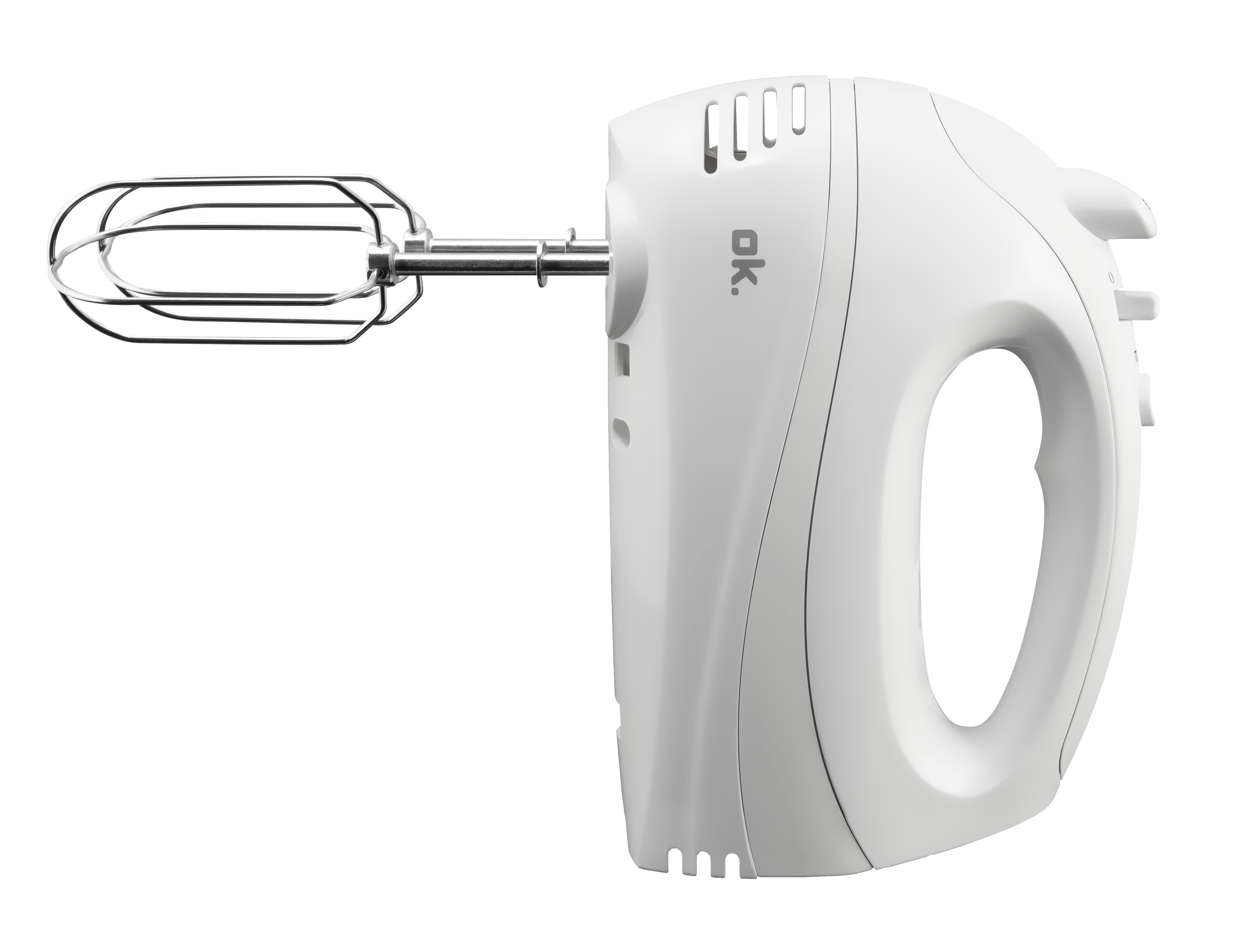Ein weißer Handmixer. Der Mixer hat einen Griff und Klingen, mit dem Markennamen ok. auf der Seite.