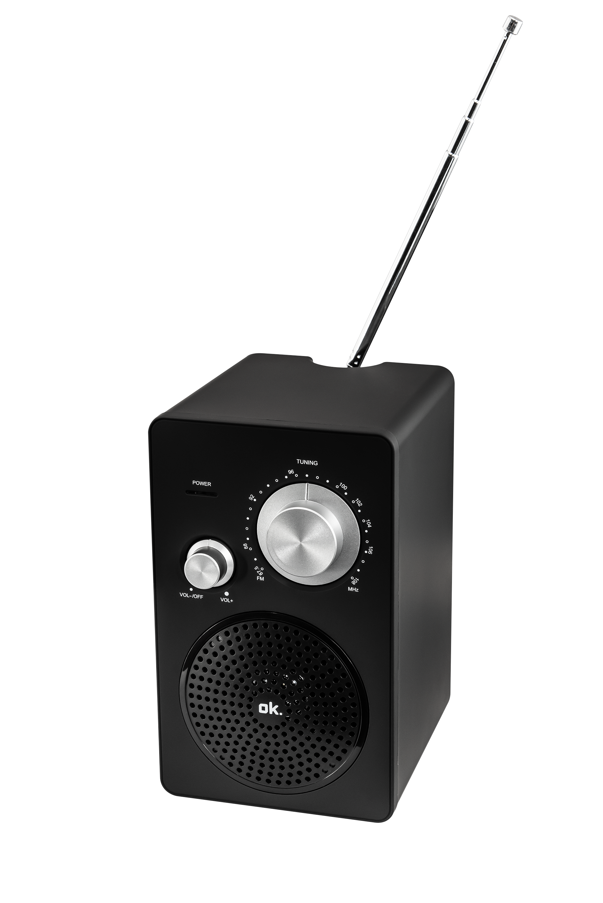 Czarne radio retro ze srebrnym pokrętłem strojenia, pokrętłem głośności i anteną na białym i czarnym tle.