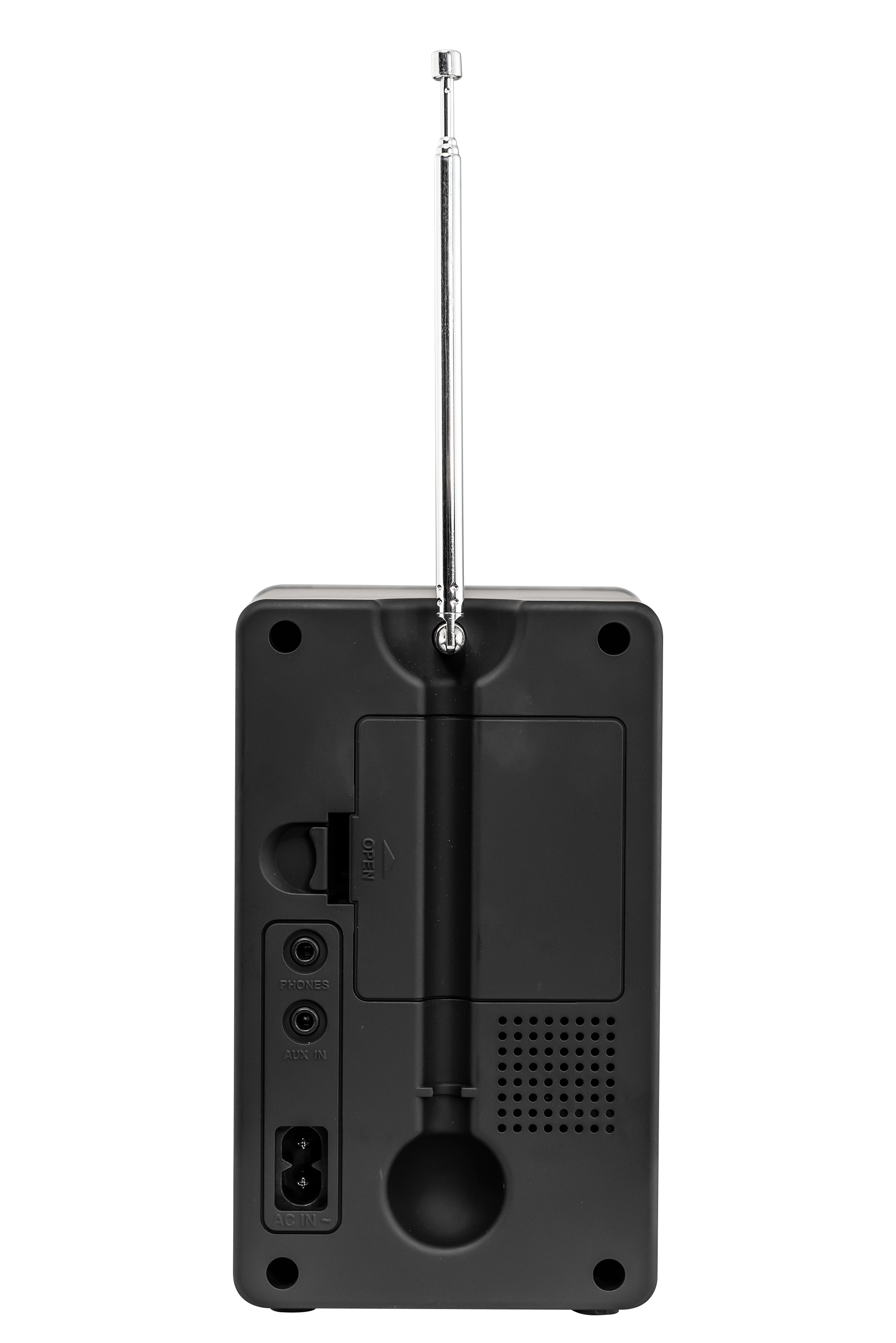 Czarne radio z wysuniętą anteną. Posiada porty słuchawkowe, wejście aux i zasilania. Tło jest jasnoszare.