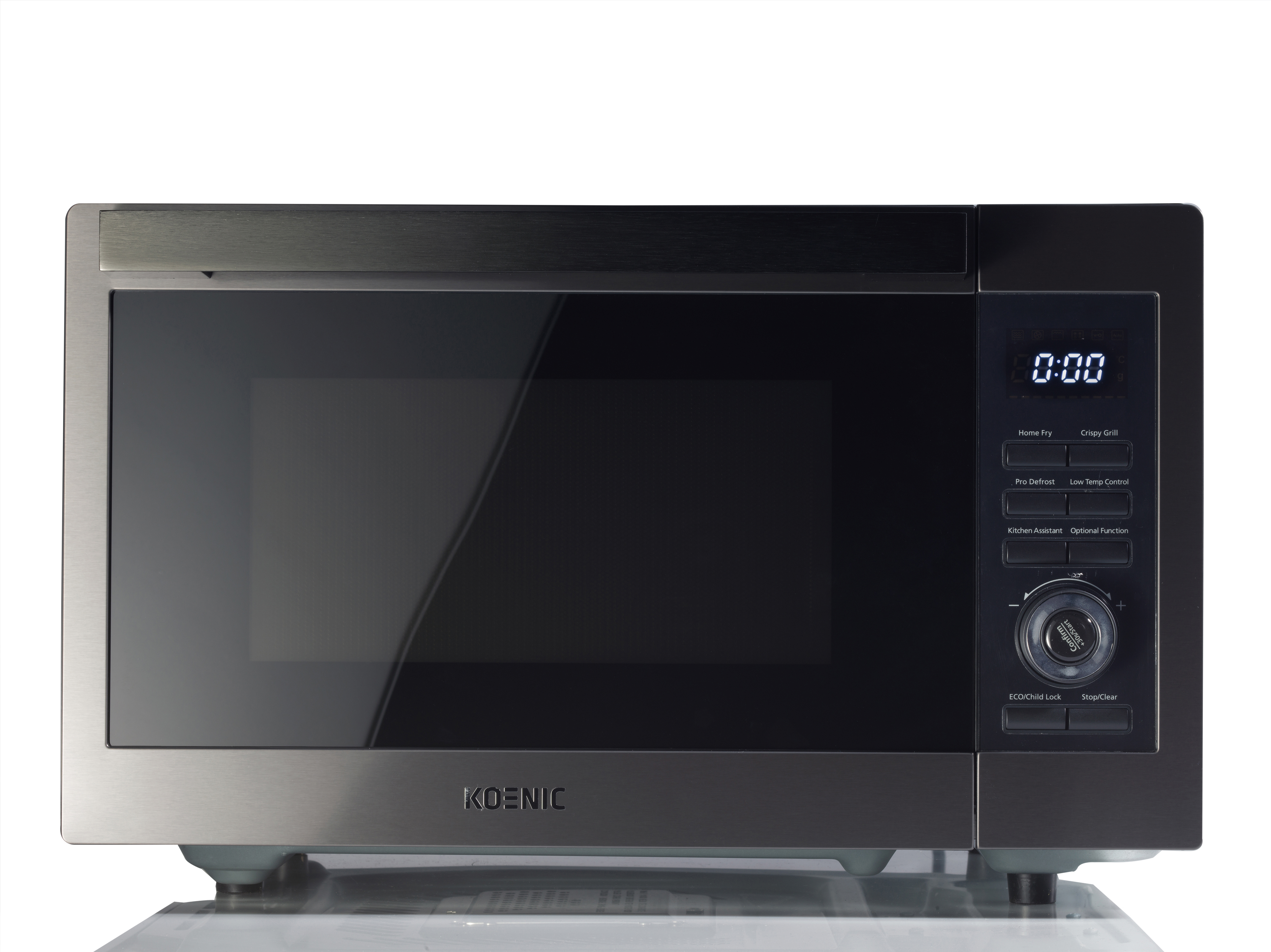 Srebrno-czarna kuchenka mikrofalowa z cyfrowym wyświetlaczem. Posiada przyciski i pokrętło.