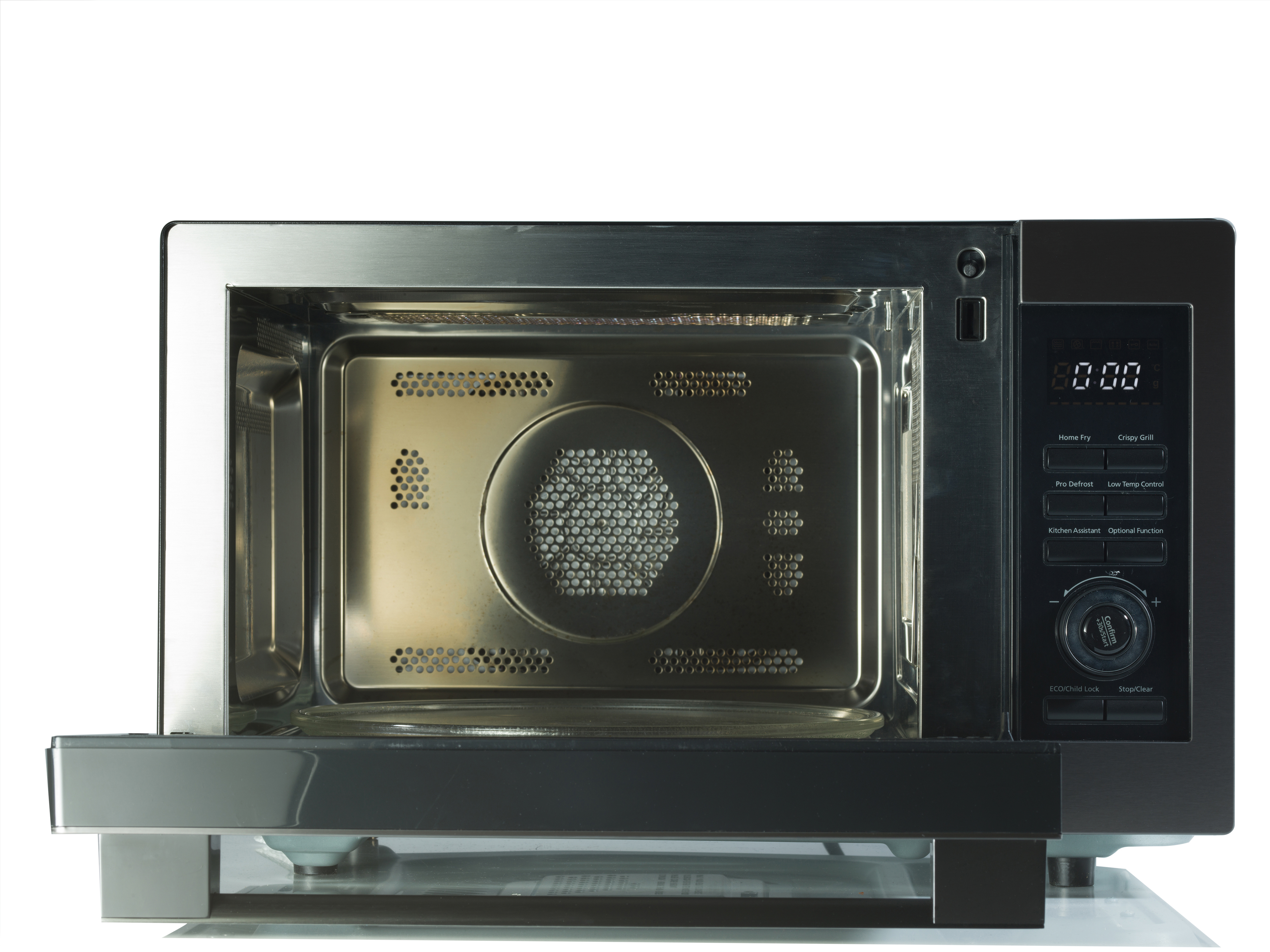 Kuchenka mikrofalowa ze stali nierdzewnej z otwartymi drzwiami. Posiada cyfrowy wyświetlacz i przyciski funkcji.