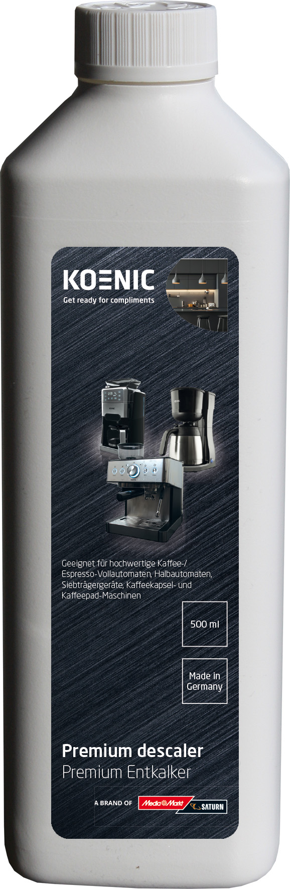 Weiße Flasche Entkalker. Enthält drei Kaffeemaschinen auf schwarzem Hintergrund. Marke KOENIC, Logos von MediaMarkt und Saturn.