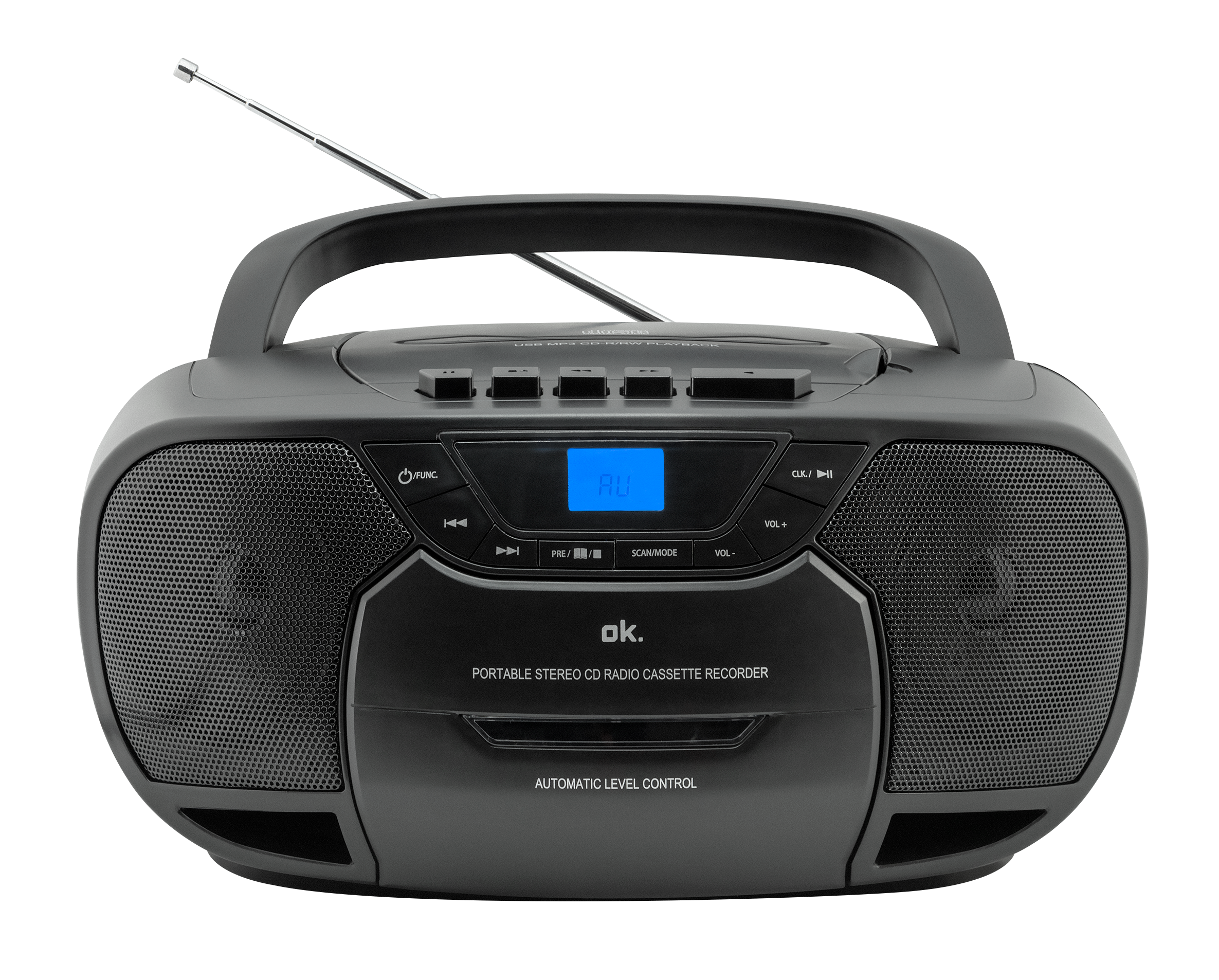 Czarny przenośny radioodtwarzacz stereo CD z kasetą z uchwytem, anteną i wyświetlaczem 'AU'.