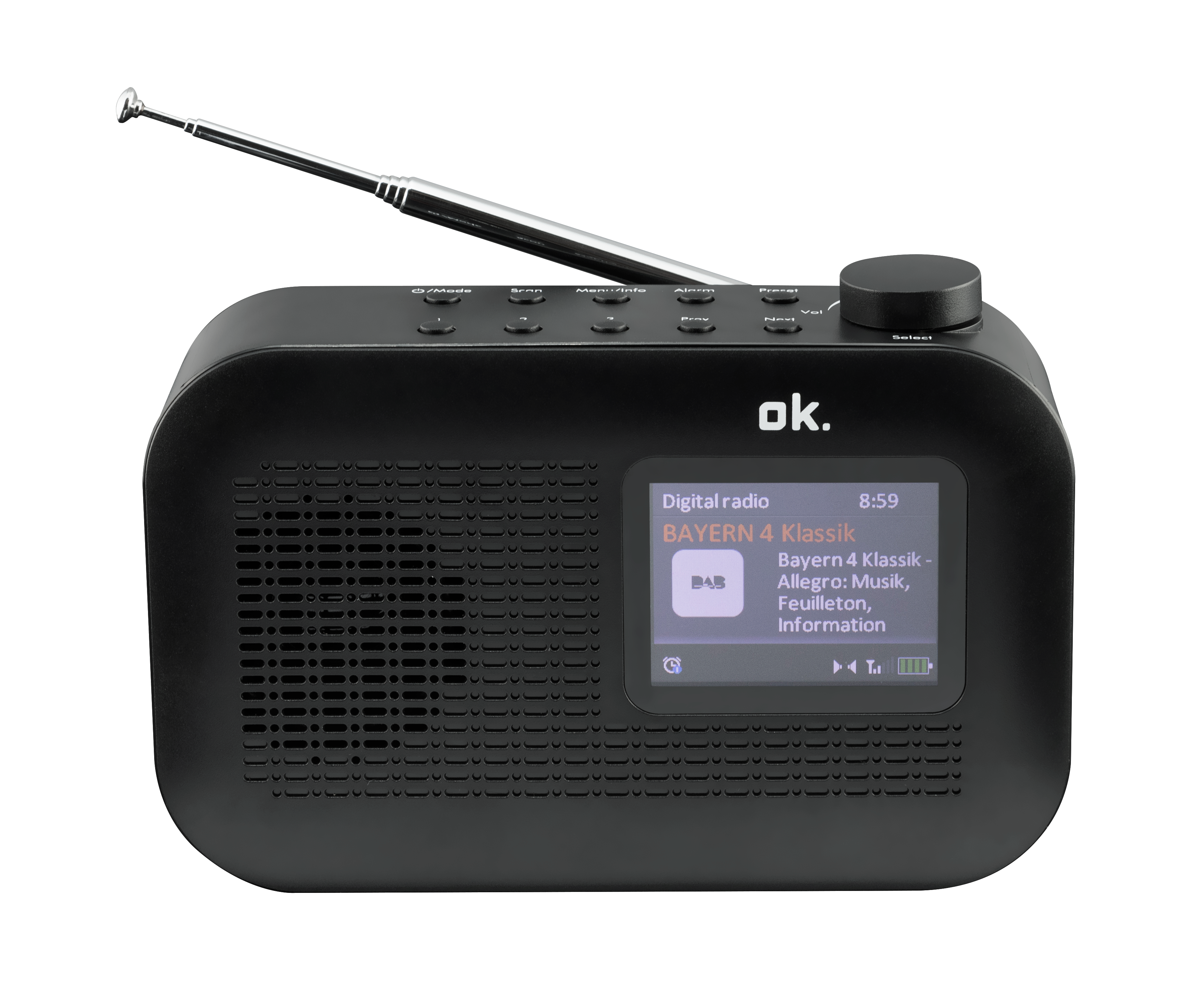 Schwarzes Digitalradio. Es hat einen Bildschirm mit der Anzeige 'BAYERN 4 Klassik'. Silberne Antenne und Tasten.
