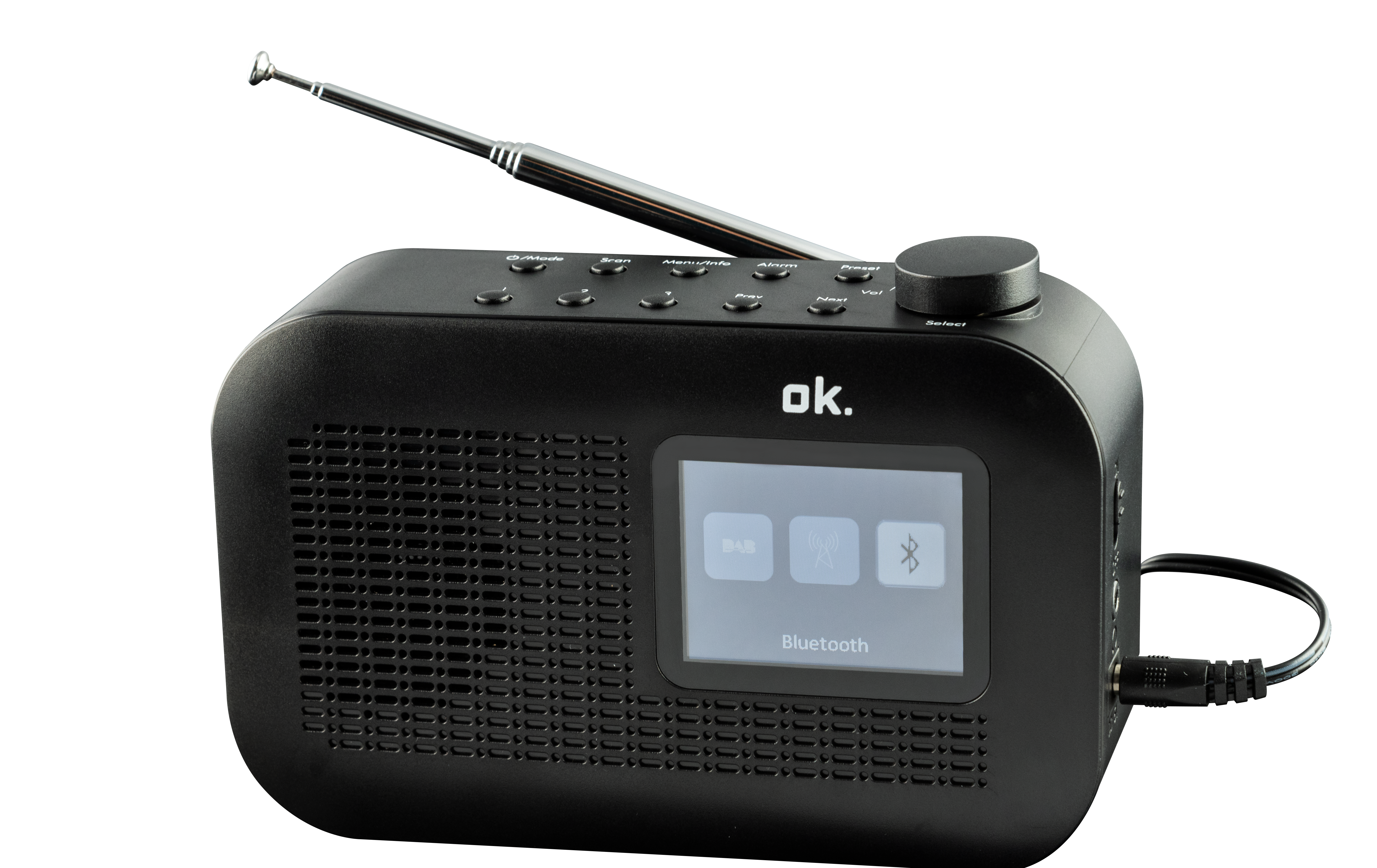 Ein schwarzes Radio mit Knöpfen und einem Bildschirm, der Bluetooth anzeigt. Es hat eine Antenne und einen Kopfhöreranschluss.