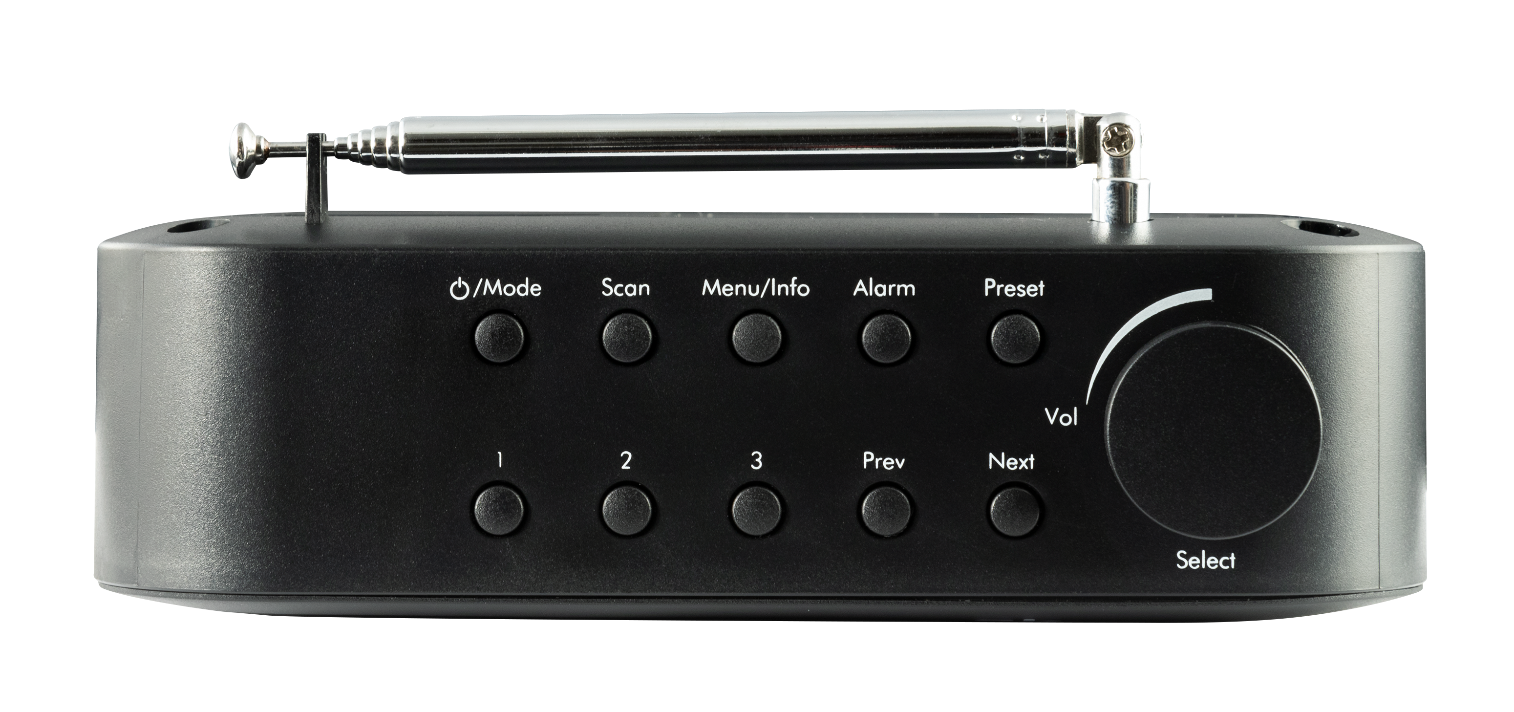 Schwarzes Radio mit Tasten für Modus, Scan, Menü, Alarm, Voreinstellung und Lautstärkeregelung. Hat eine Antenne und einen Auswahlknopf.