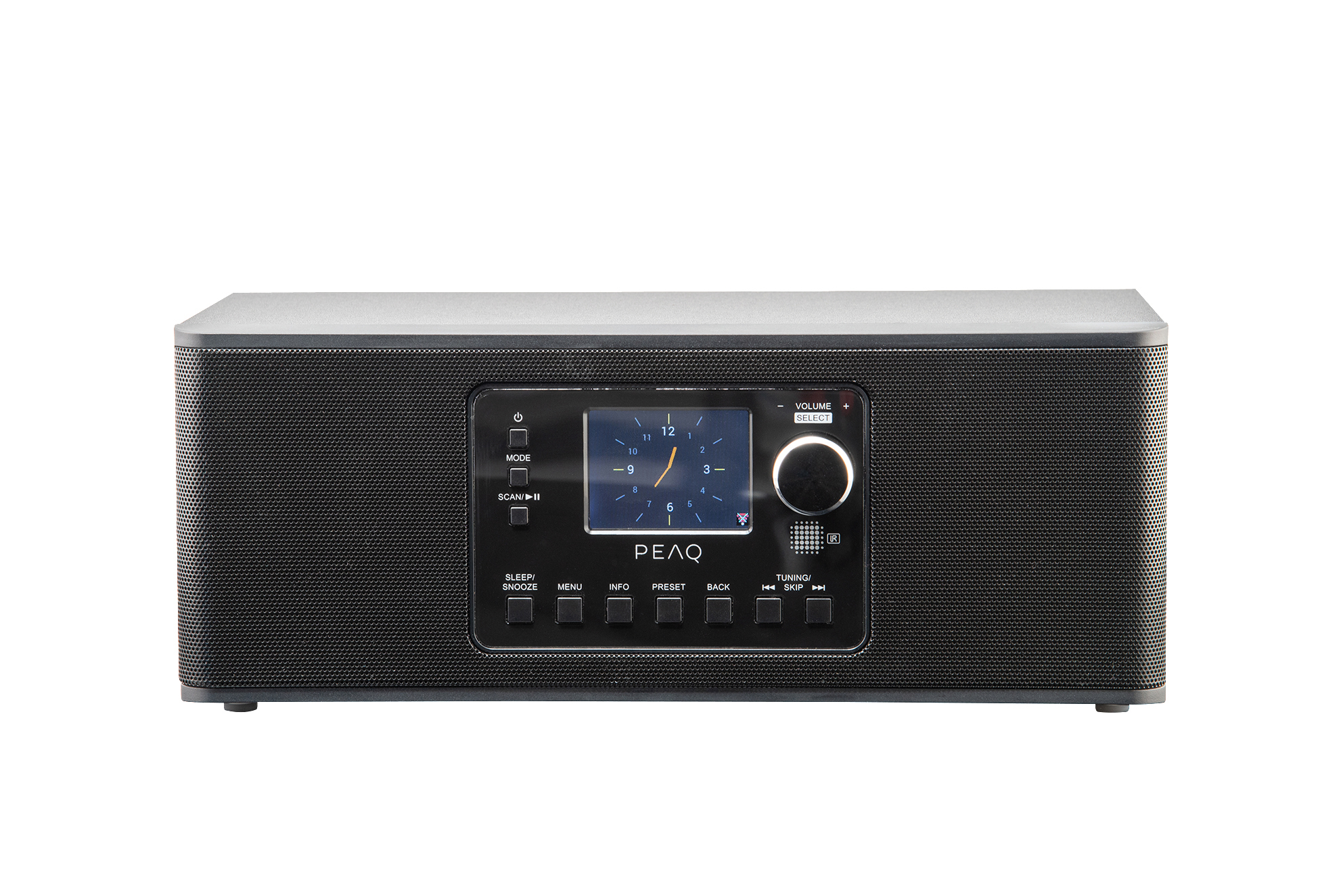 Ein schwarzes PEAQ-Radio mit Uhranzeige. Es hat Tasten für Modus, Scan, Sleep, Menü, Info, Voreinstellung und Zurück. Die Lautstärkeregelung befindet sich rechts.