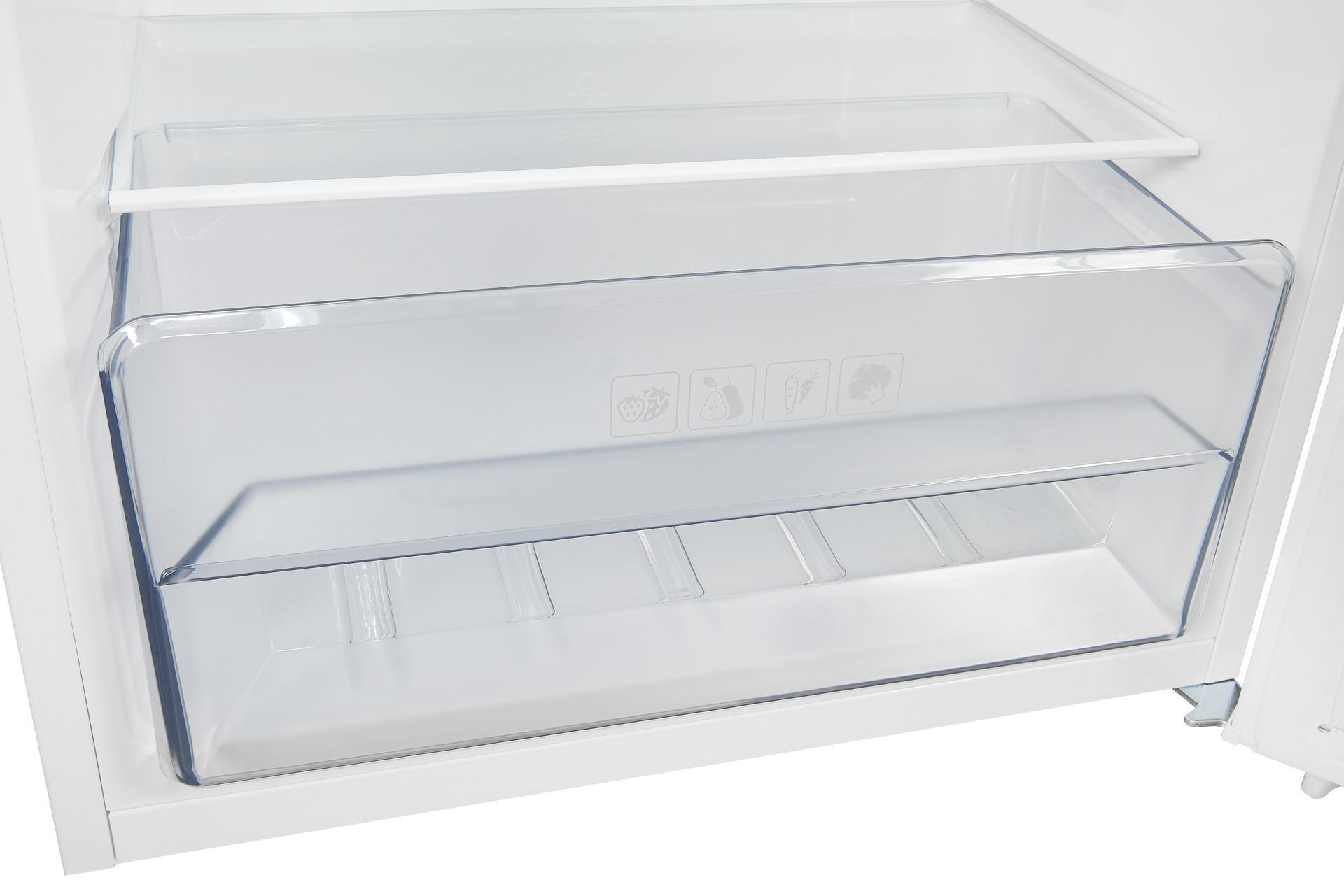 In einem weißen Kühlschrank ist eine transparente Plastikschublade zu sehen. Sie ist leer. Es gibt Symbole für Obst und Gemüse.